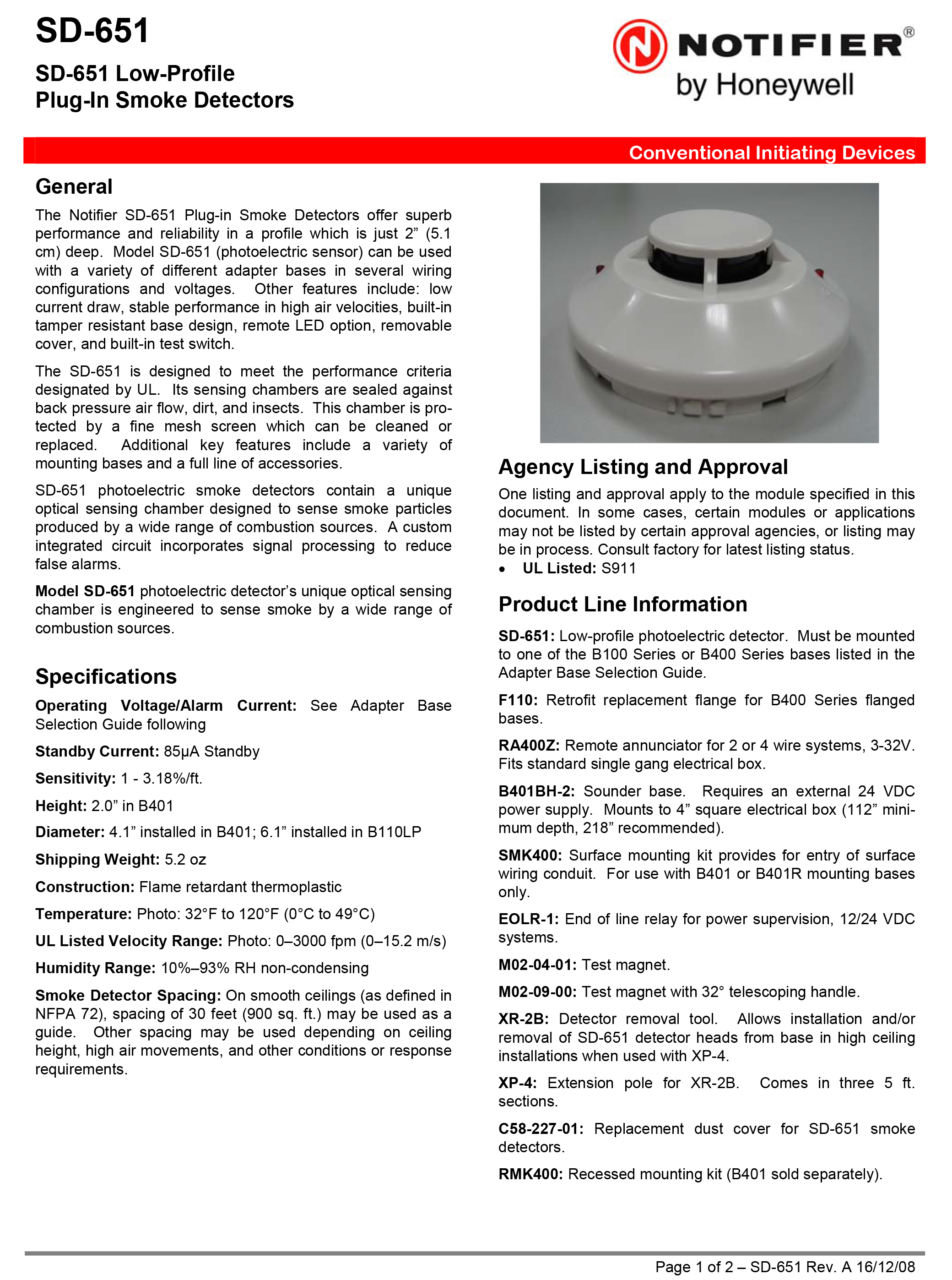 "SD-651" NOTIFIER Low-Profile Plug-In Smoke Detectors, 2-wire, UL listed, USA