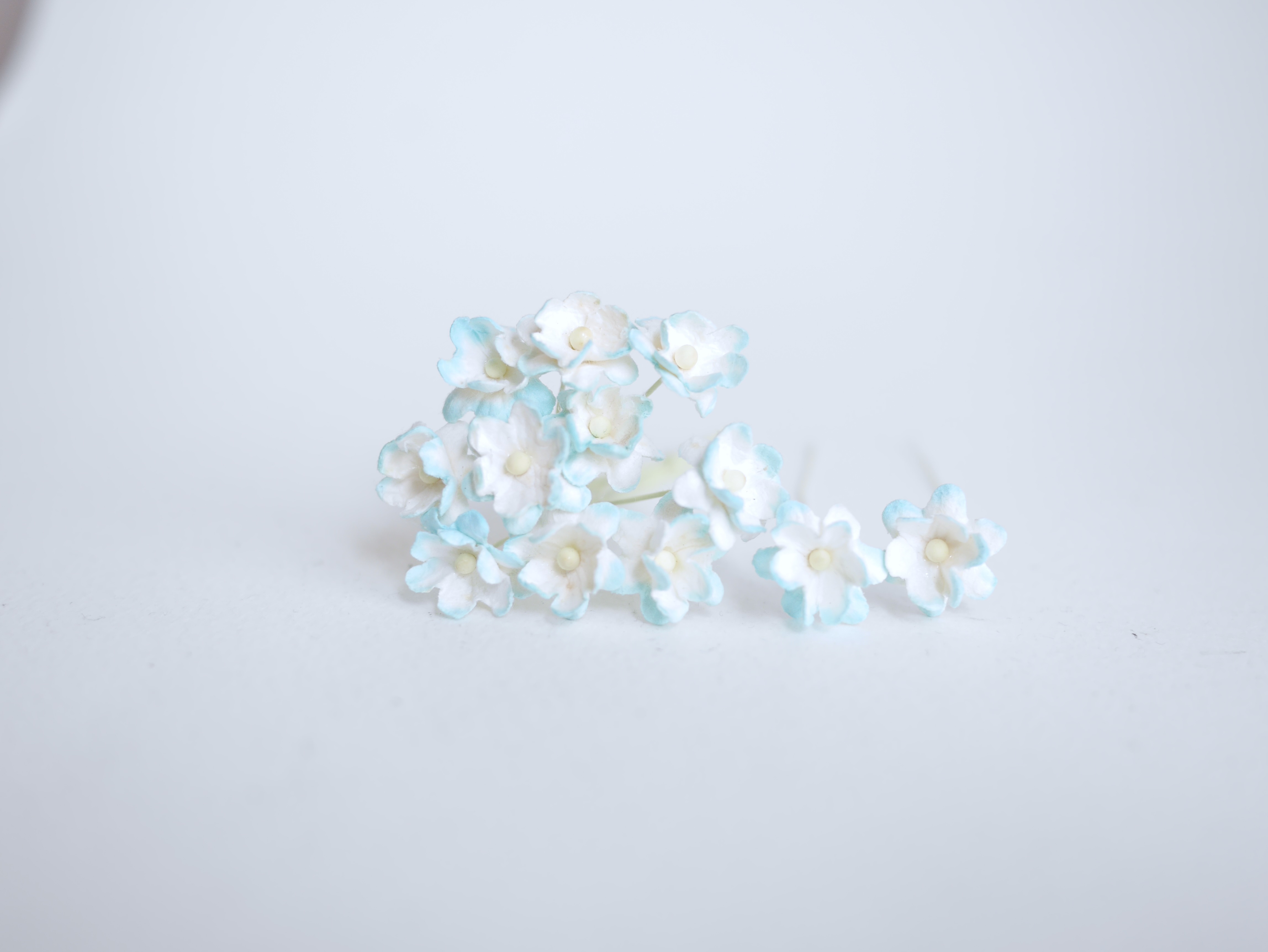 ดอกไม้กระดาษสา ราคาส่ง, ดอกซากุระกระดาษสา ดอกไม้ประดิษฐ์ ตกแต่งงานแต่งงาน ประดิษฐ์ข้อมือ เพื่อนเจ้าสาว ขนาด 1.5 cm., สำหรับของชำร่วย, งานแต่งงาน, ดอกไม้ทำข้อมือเจ้าสาว สีฟ้าอ่อนปัดขาว จำนวน 100 ดอก Paper flower,100 Pieces mulberry hydenyia, blue-sky color