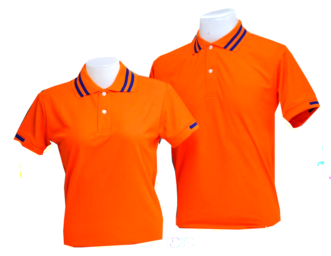 เสื้อโปโล สีส้ม ปก แขนทอลายเส้นสีน้ำเงินกรมท่า ราคาส่ง
