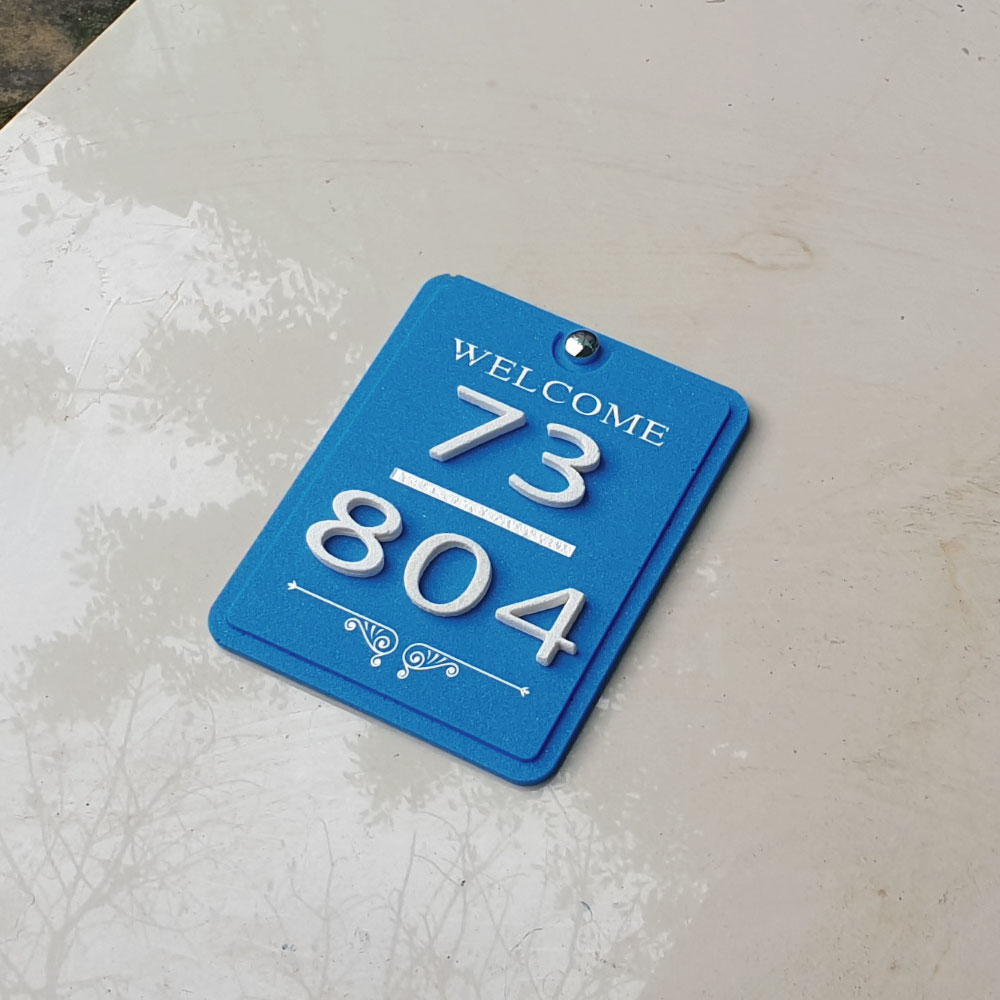 ป้ายบ้านเลขที่หินทราย welcome แบบมีทับสีฟ้า ขนาดประมาณ 13.5 x 17 cm.โมเดิร์นคลาสสิค วินเทจ ป้ายสวยๆ ป้ายทะเบียนบ้าน