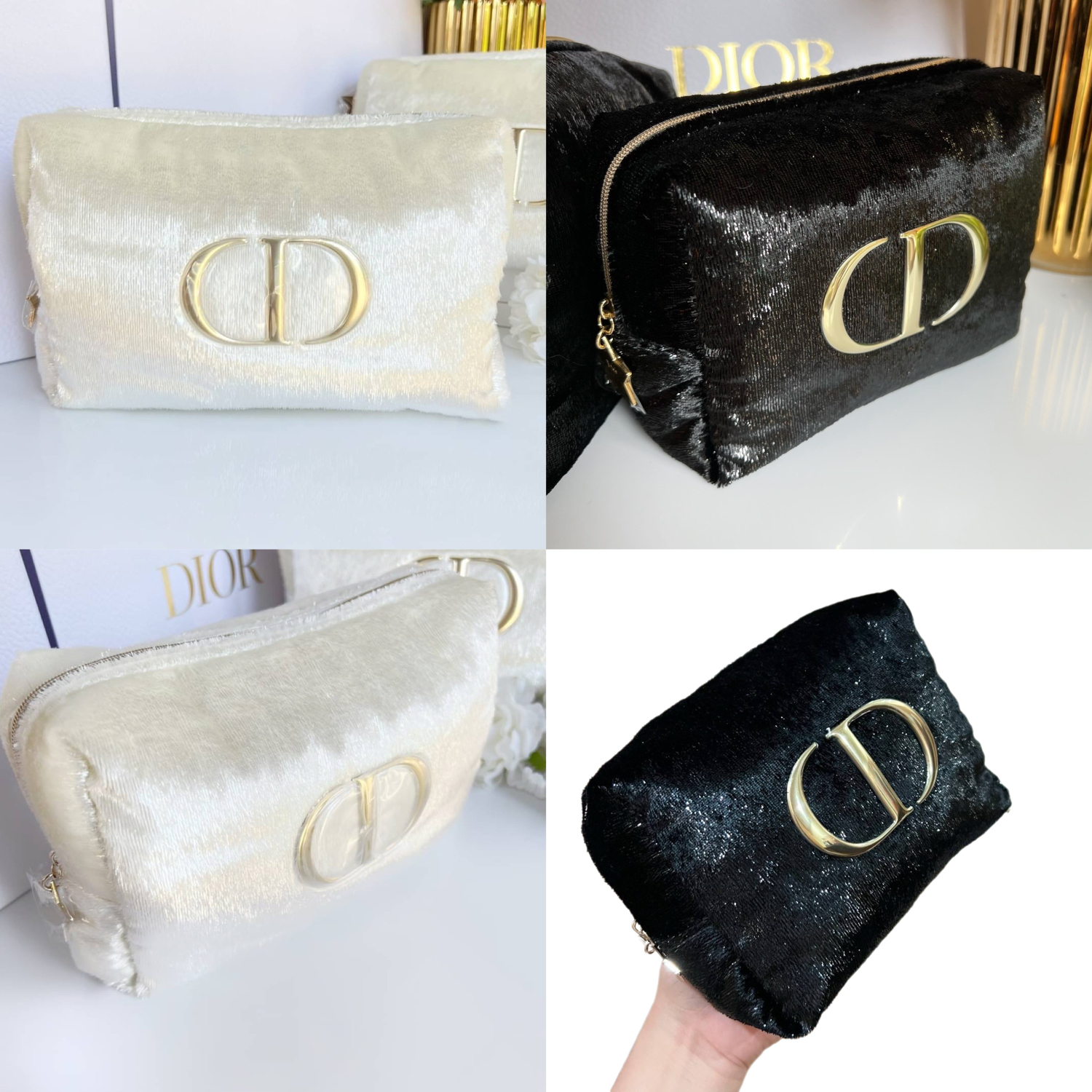 กระเป๋าเครื่องสำอาง Dior Cosmetic Pouch Bag ทรงสี่เหลี่ยมหมอน เลื่อมขาว / เลื่อมดำ