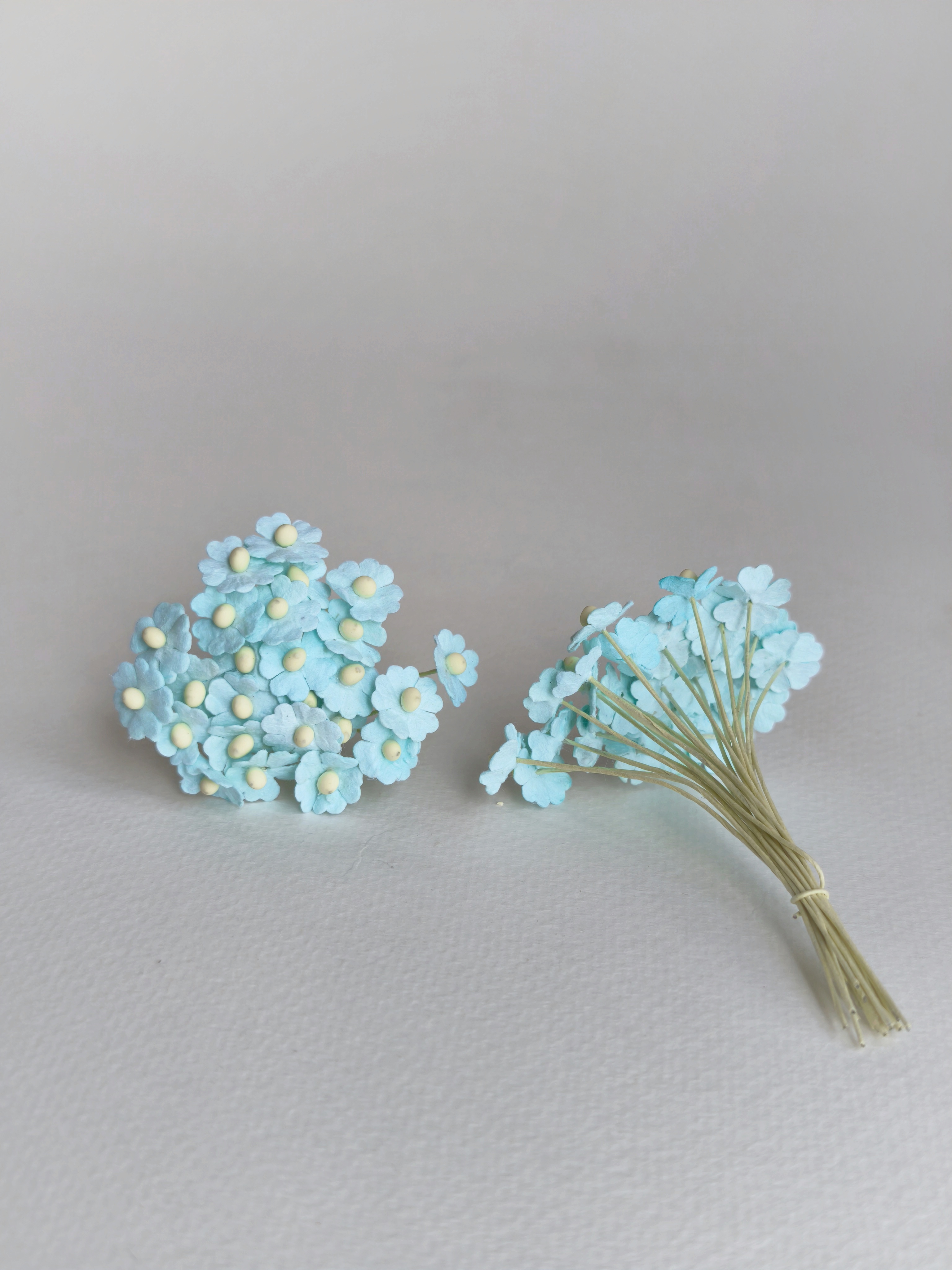 ดอกไม้กระดาษสา ดอกไม้กระดาษสาราคาส่ง ดอกไม้กระดาษสำหรับตกแต่ง งานแต่งงาน หรือติดของชำร่วย ดอกไม้จิ๋ว 100 ดอก ขนาด 1 cm. สีฟ้า Small Paper Flower with stem, 100 pcs., size 1 cm., small creeping ladies flowers 1 layer, blue-sky color.