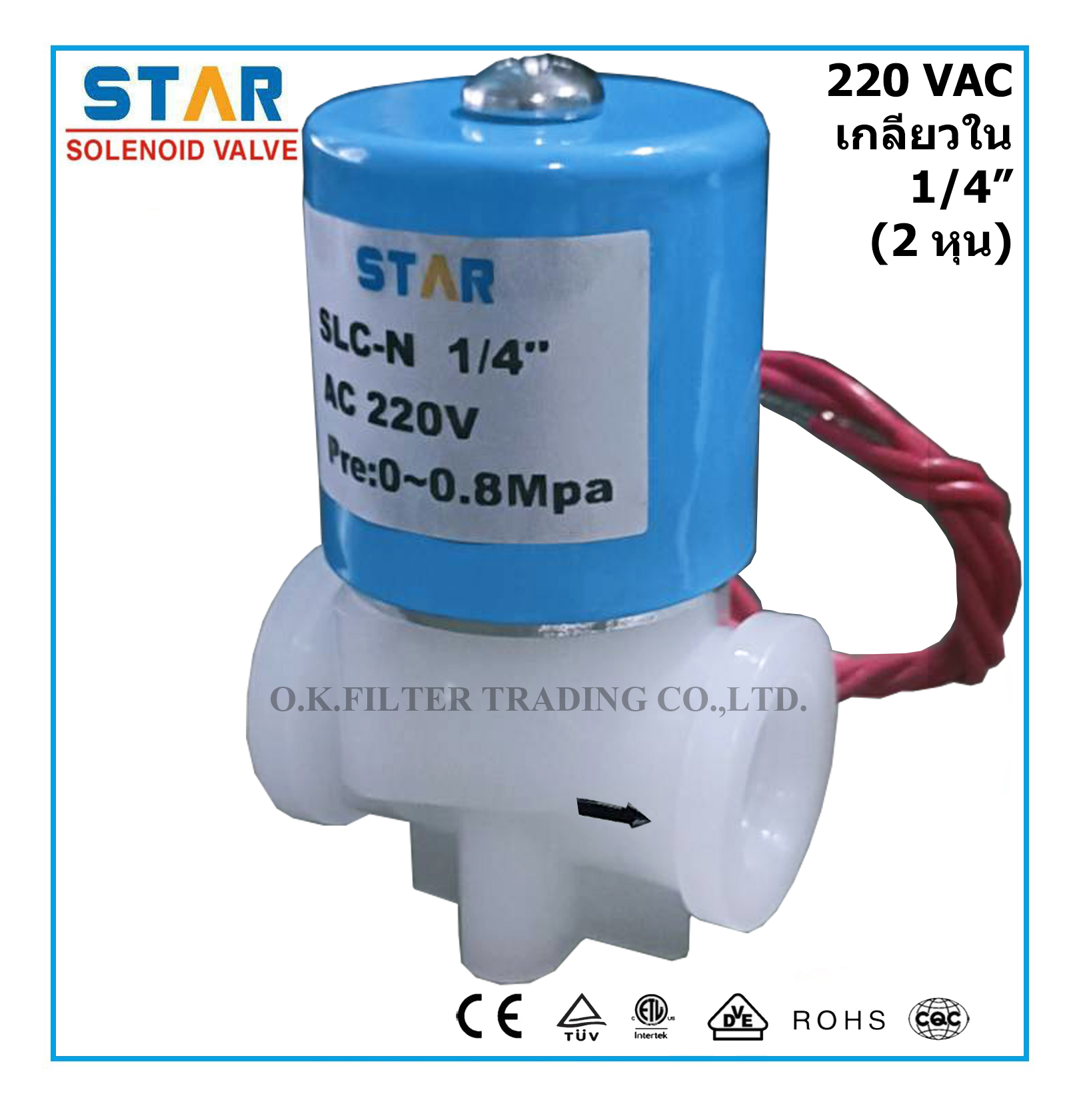 โซลินอยด์ วาล์ว พลาสติก Plastic Solenoid Valve 1/4 นิ้ว (2 หุน) 220VAC เกลียวใน