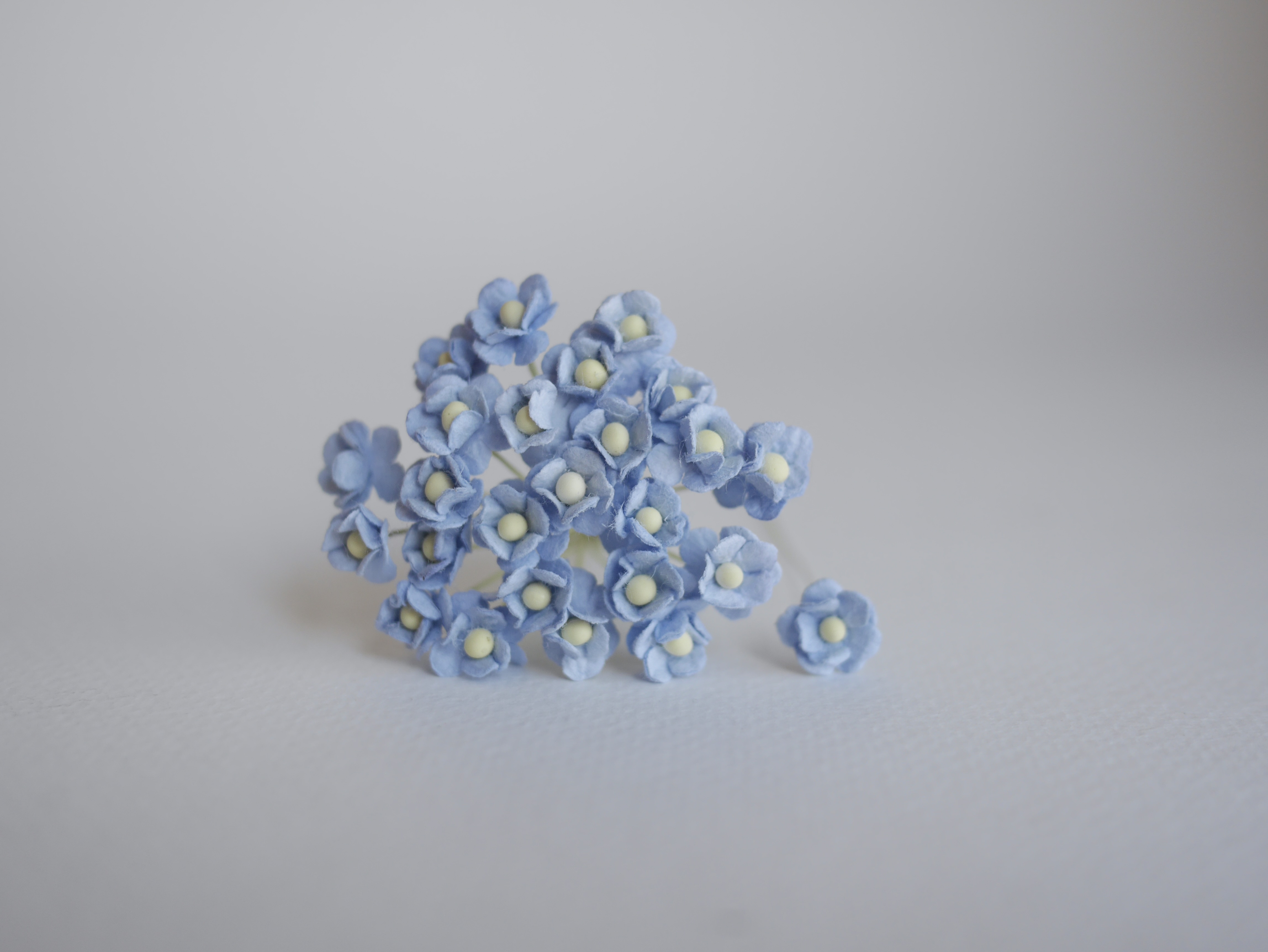 ดอกไม้กระดาษสา ดอกไม้กระดาษสาราคาส่ง ดอกไม้กระดาษสำหรับตกแต่ง งานแต่งงาน หรือติดของชำร่วย ดอก creeping lady 100 ดอก ขนาด 0.8 cm. สีฟ้าตุ่น Small Paper Flower with stem, , 100 pcs., size 0.8 cm., creeping flowers 2 layers, pale blue sky color.