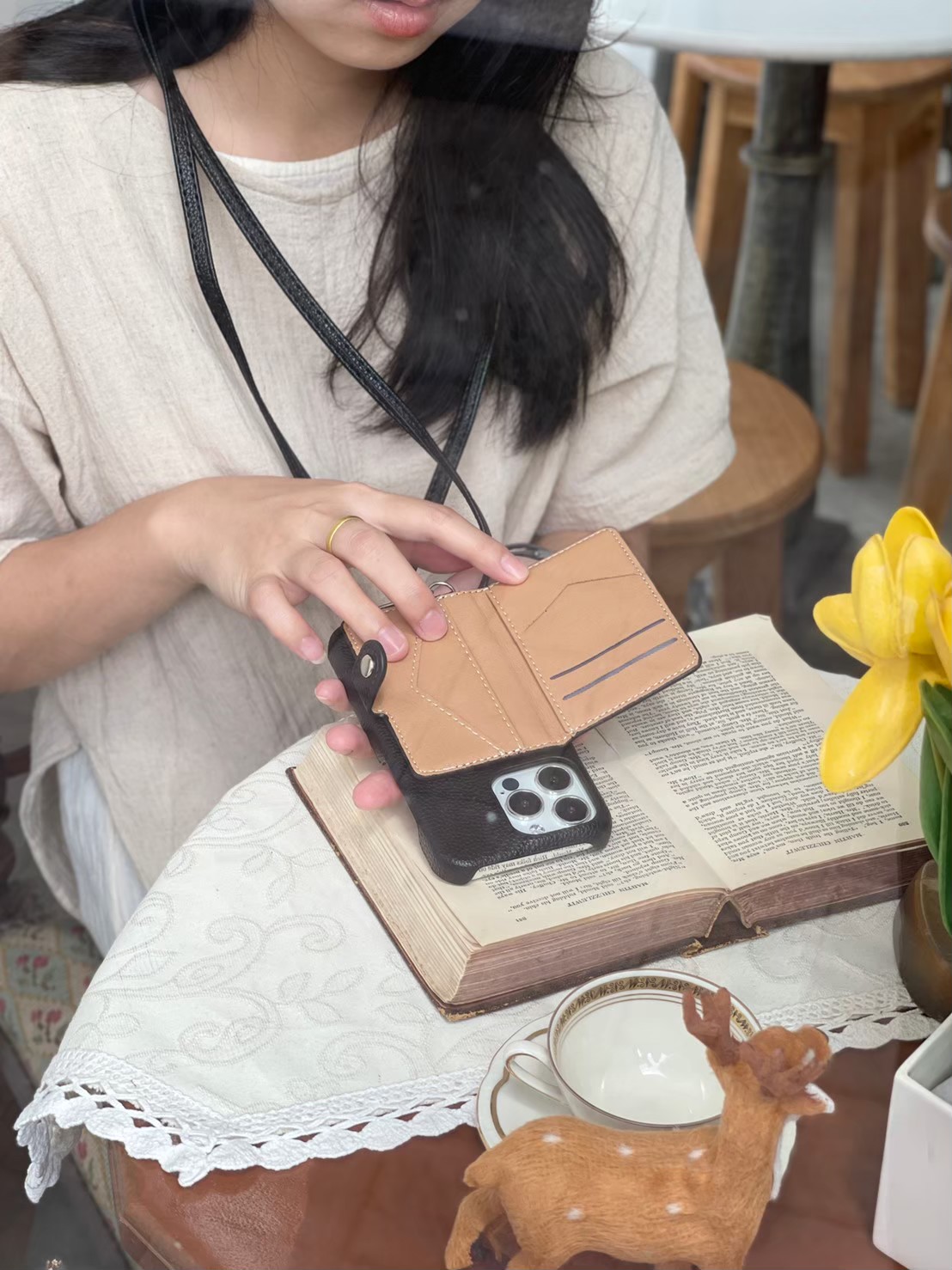 Leather card x neck strap (black colors) case