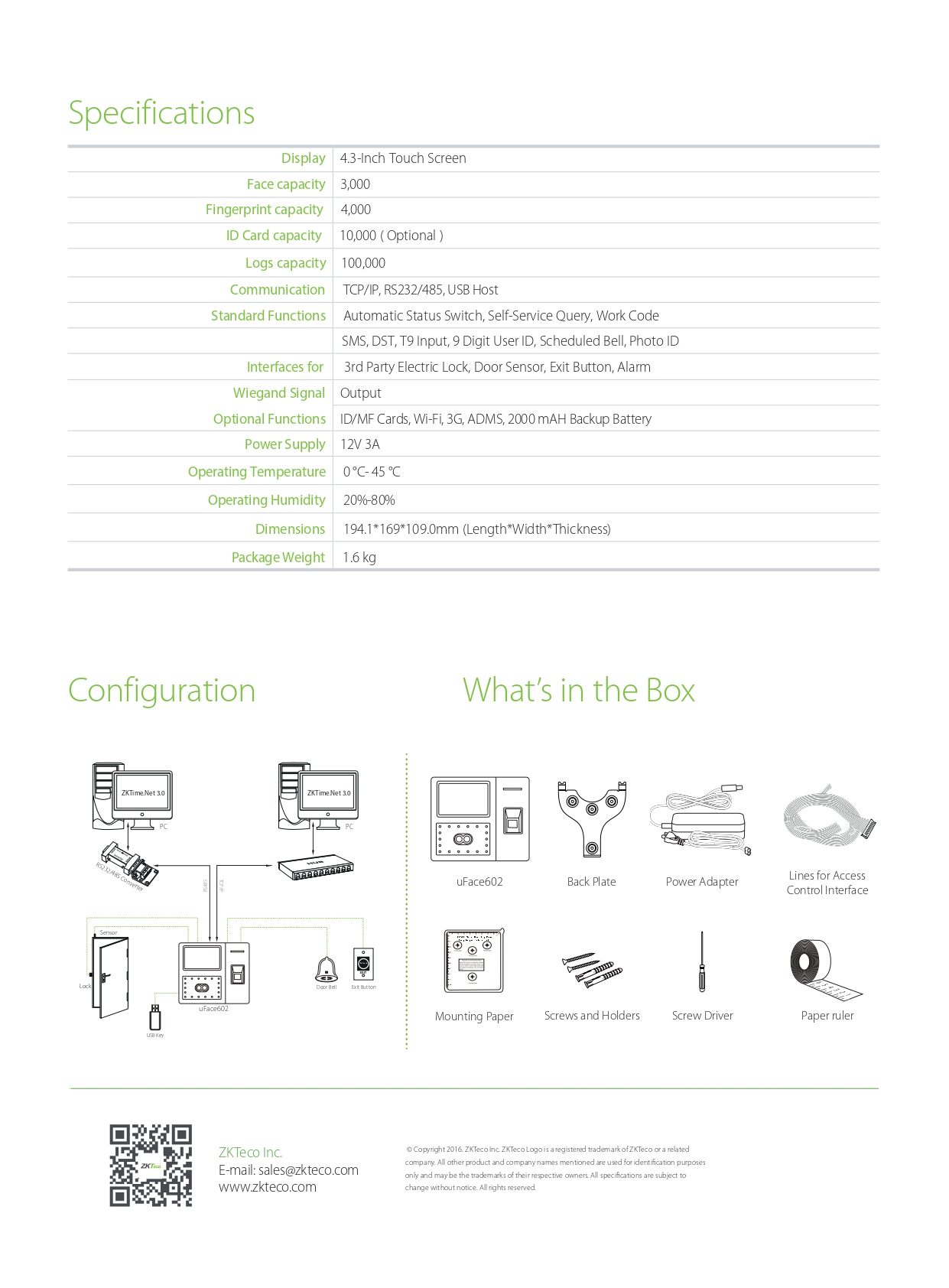 เครื่องสแกนใบหน้า ยี่ห้อ ZKTeco รุ่น uFace602 รองรับระบบ Access Control