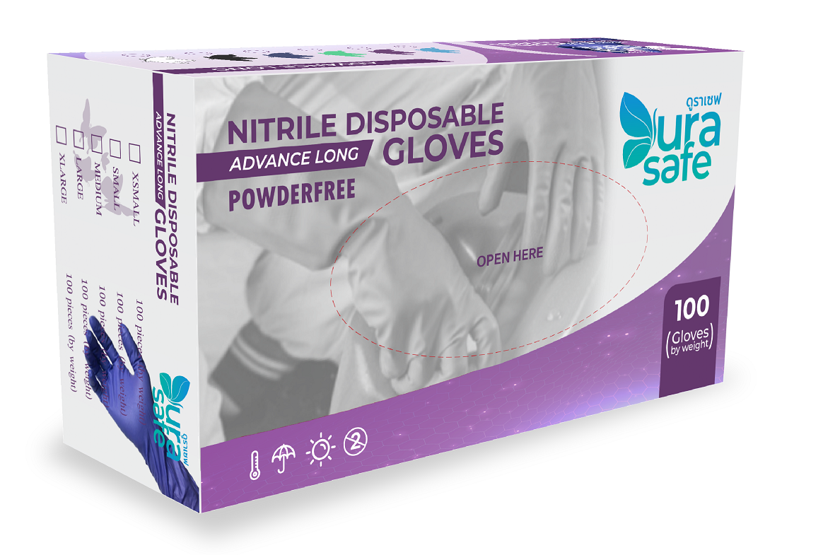 [ยกลัง 10 กล่อง] ถุงมือไนไตรข้อยาว ไม่มีแป้ง 12 นิ้ว หนา 5 มิล หนัก 7.5 กรัม (100ชิ้น/กล่อง) แบรนด์ ดูราเซฟ แอดวานซ์