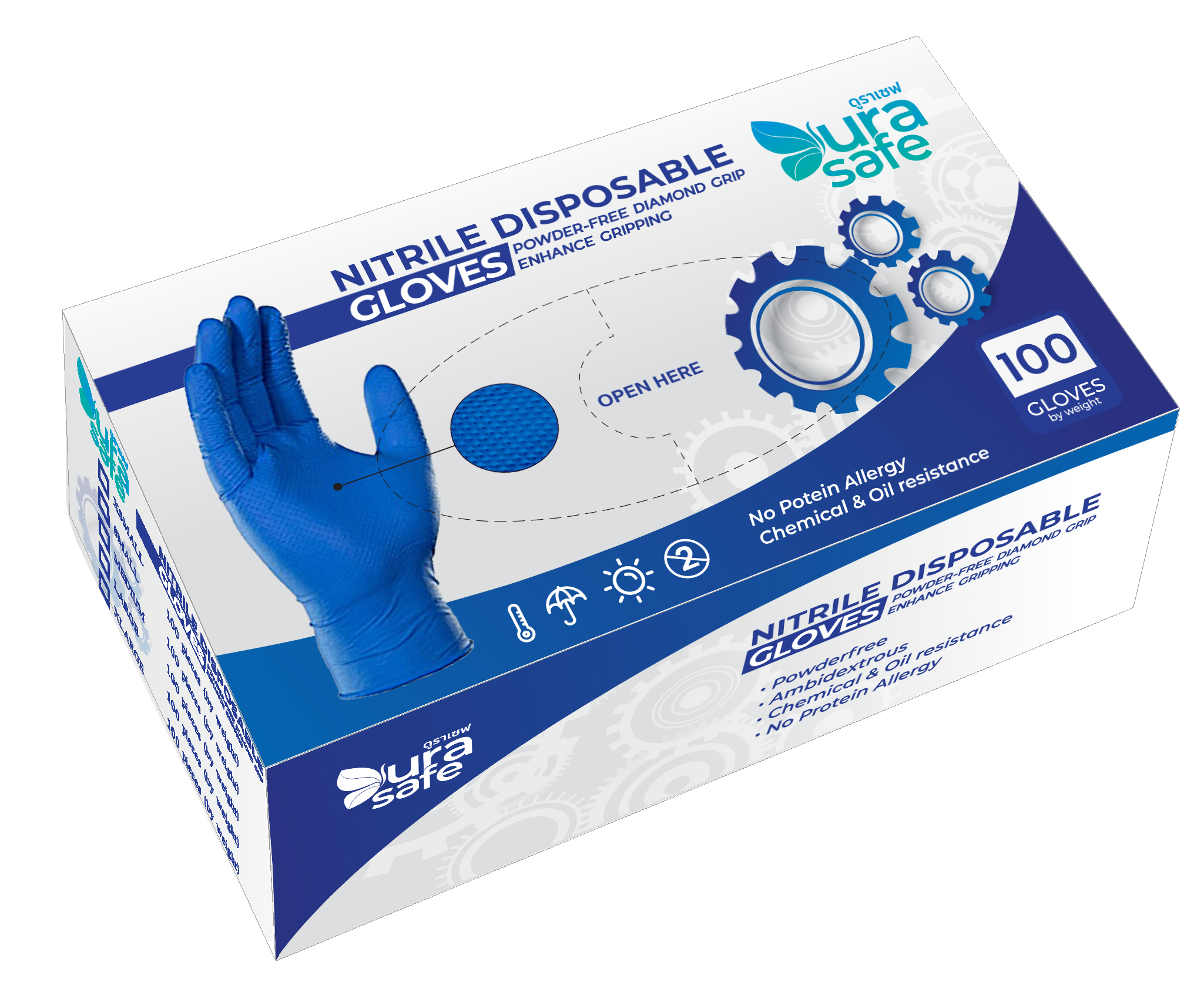 [ยกลัง 10 กล่อง] NDB55 ถุงมือไนไตรสีน้ำเงิน ไดมอนด์กริบ รุ่นหนา 4 มิล ยาว 9 นิ้ว หนัก 5.5 กรัม (100ชิ้น/กล่อง) แบรนด์ ดูราเซฟ