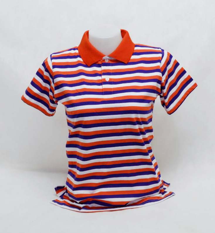 เสื้อโปโลลายทาง เสื้อโปโลลายริ้ว สีม่วง ส้ม ขาว ปกสีส้ม