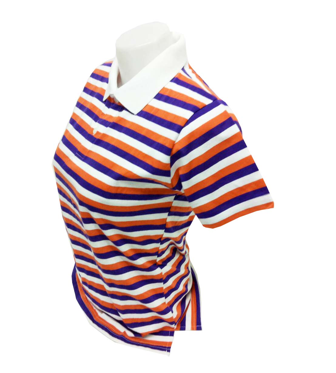 เสื้อโปโลลายทาง เสื้อโปโลลายริ้ว สีม่วง ส้ม ขาว ปกสีขาว