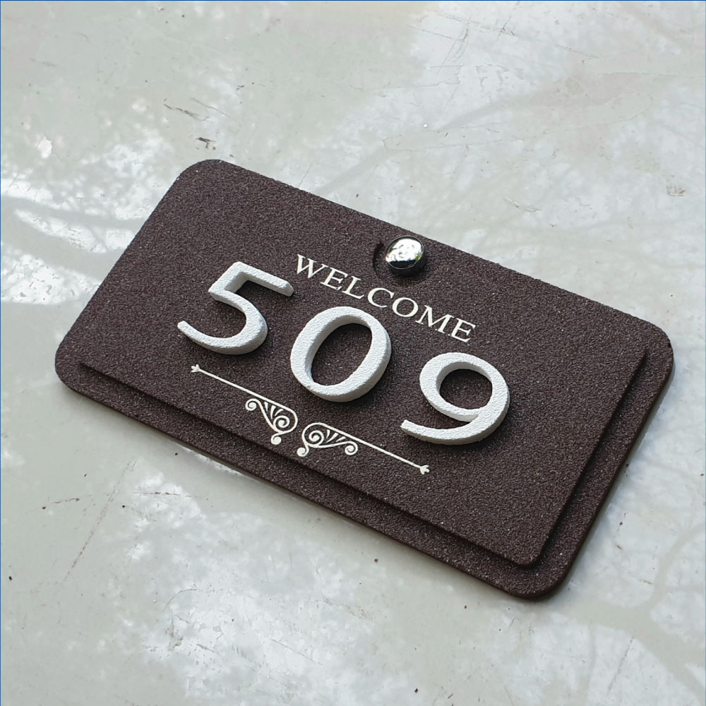 ป้ายบ้านเลขที่ ป้ายห้องพักสีโอ๊คลาย Welcome สี่เหลี่ยมผืนผ้าแนวนอน เรซิ่นหินทรายแท้