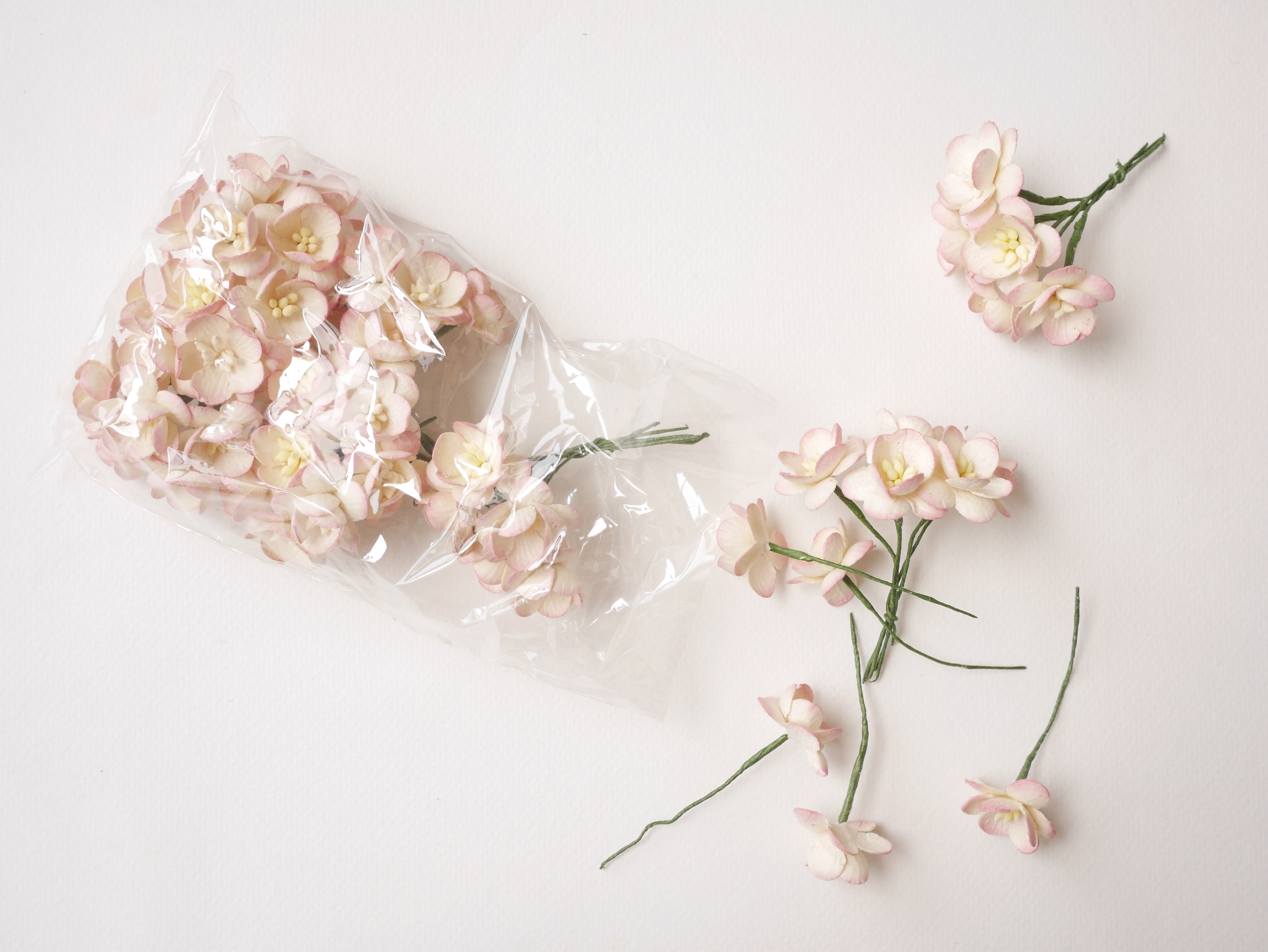 ดอกไม้กระดาษสา ดอกซากุระกระดาษ ดอกไม้กระดาษสาราคาส่ง ดอกไม้กระดาษสำหรับตกแต่งของชำร่วย งานแต่งงาน ทำช่อดอกไม้ติดอกเจ้าบ่าว ข้อมือดอกไม้เจ้าสาว ขนาด2.5 cm. 50 ดอก สีเบอรี่ปัดครีม Paper flowers supplies: DIY wedding tools Cherry blossom (Sakura) 50 pcs. siz