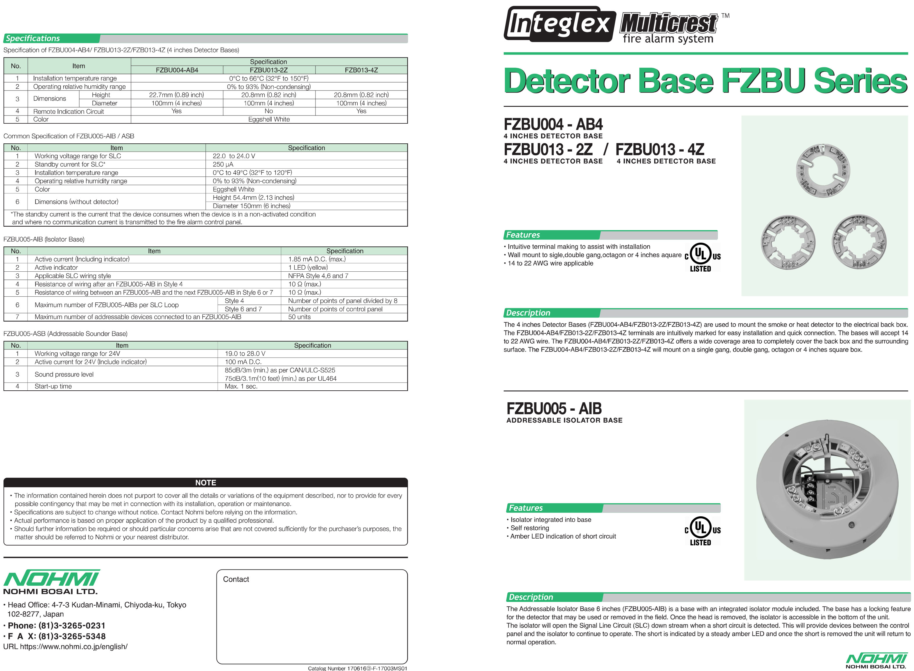 "NOHMI" Model FZB013-4 Photoelectric Type Smoke Detector ,Wall Type