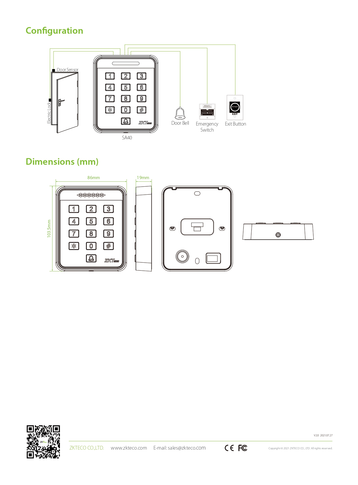 เครื่องทาบบัตร ยี่ห้อ ZKTeco รุ่น SA40 รองรับระบบ Access Control
