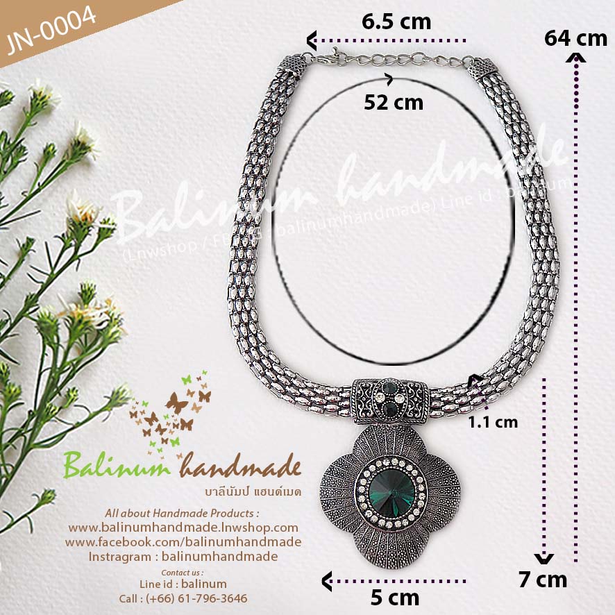 Bohemian Necklace สร้อยคอ สไตล์โบฮีเมียน ประดับเพชร (เขียว-ขาว) สะท้อนไฟระยิบระยับ ตะขอเกี่ยวเป็นก้ามปู สวมใส่ง่าย เงิน (Silver)