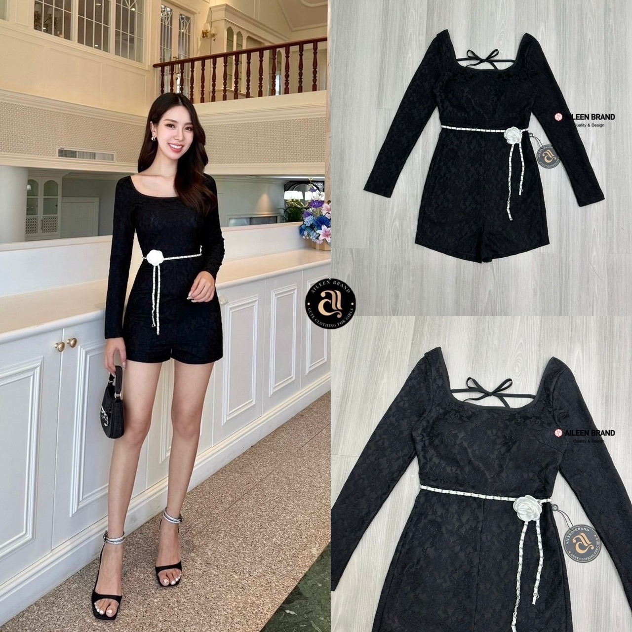 (ป้าย Aileen)👗จั๊มสูทสีดำเนื้อผ้ามีเทกเจอร์ลายดอกไม้ คอเหลี่ยมแขนยาว