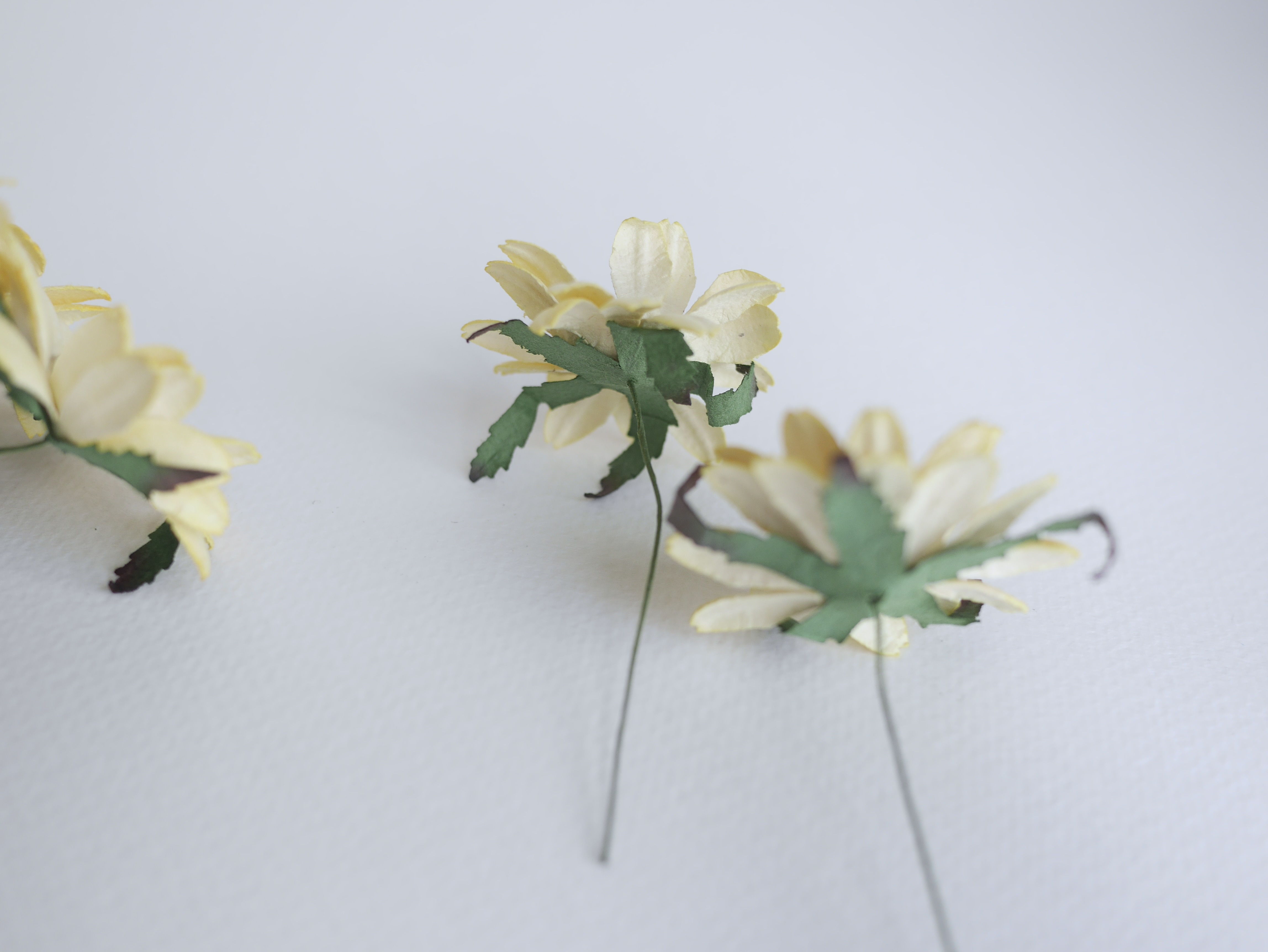 ดอกไม้กระดาษสา ดอกไม้ประดิษฐ์จากกระดาษสา ดอกเดซี่ เกสรสีน้ำตาลเข้ม ดอกไม้กระดาษสาขายส่ง ดอกไม้ประดิษฐ์ ดอกไม้ทำข้อมือเพื่อนเจ้าสาว ดอก daisy ขนาด 3.5 cm. จำนวน 25 ดอก สีเหลืองอ่อน Paper Flower, 25 Daisy Flowers, pale yellow color, size 3.5 cm., brown poll