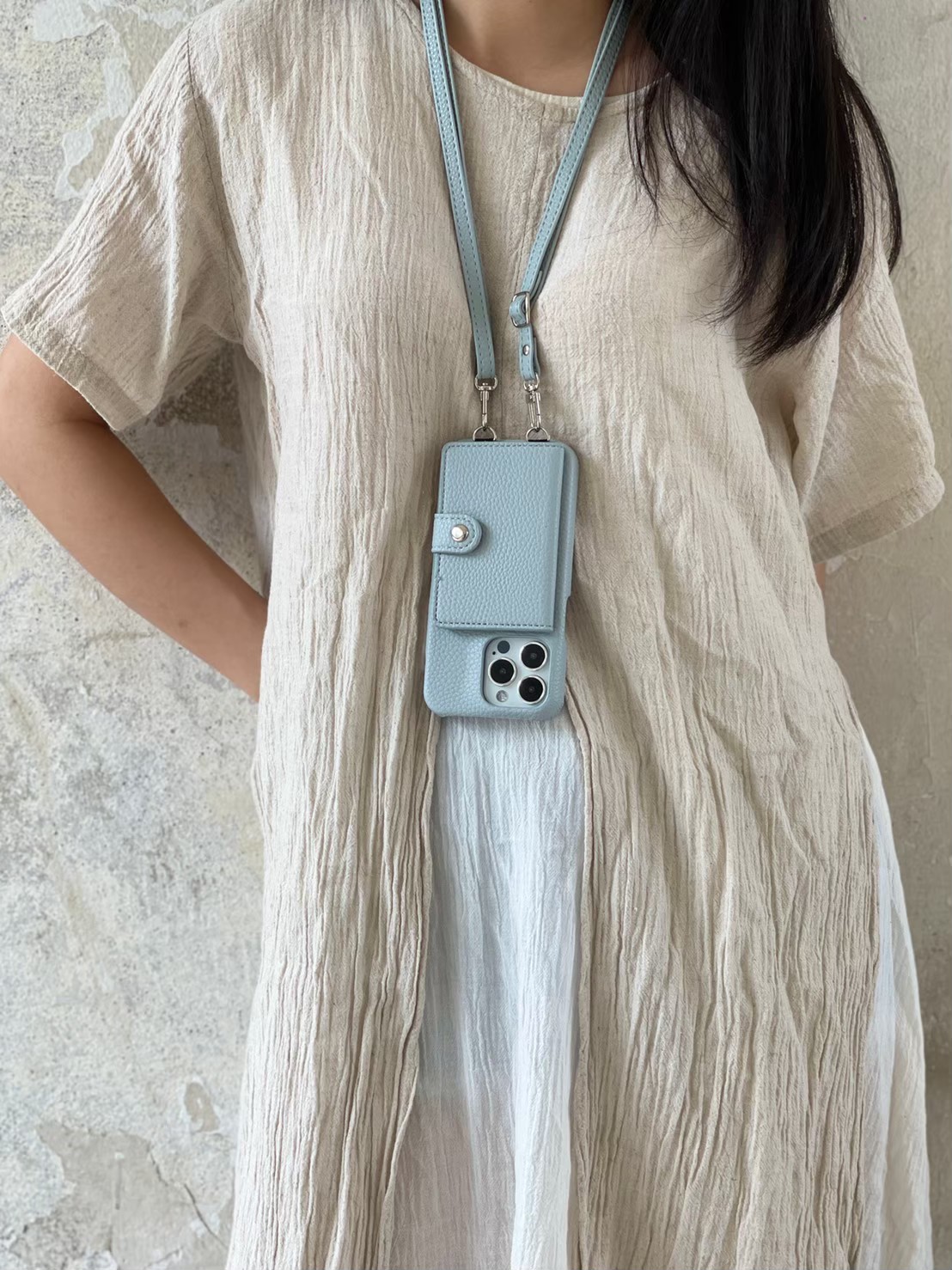 Leather card x neck strap (blue gray colors) case