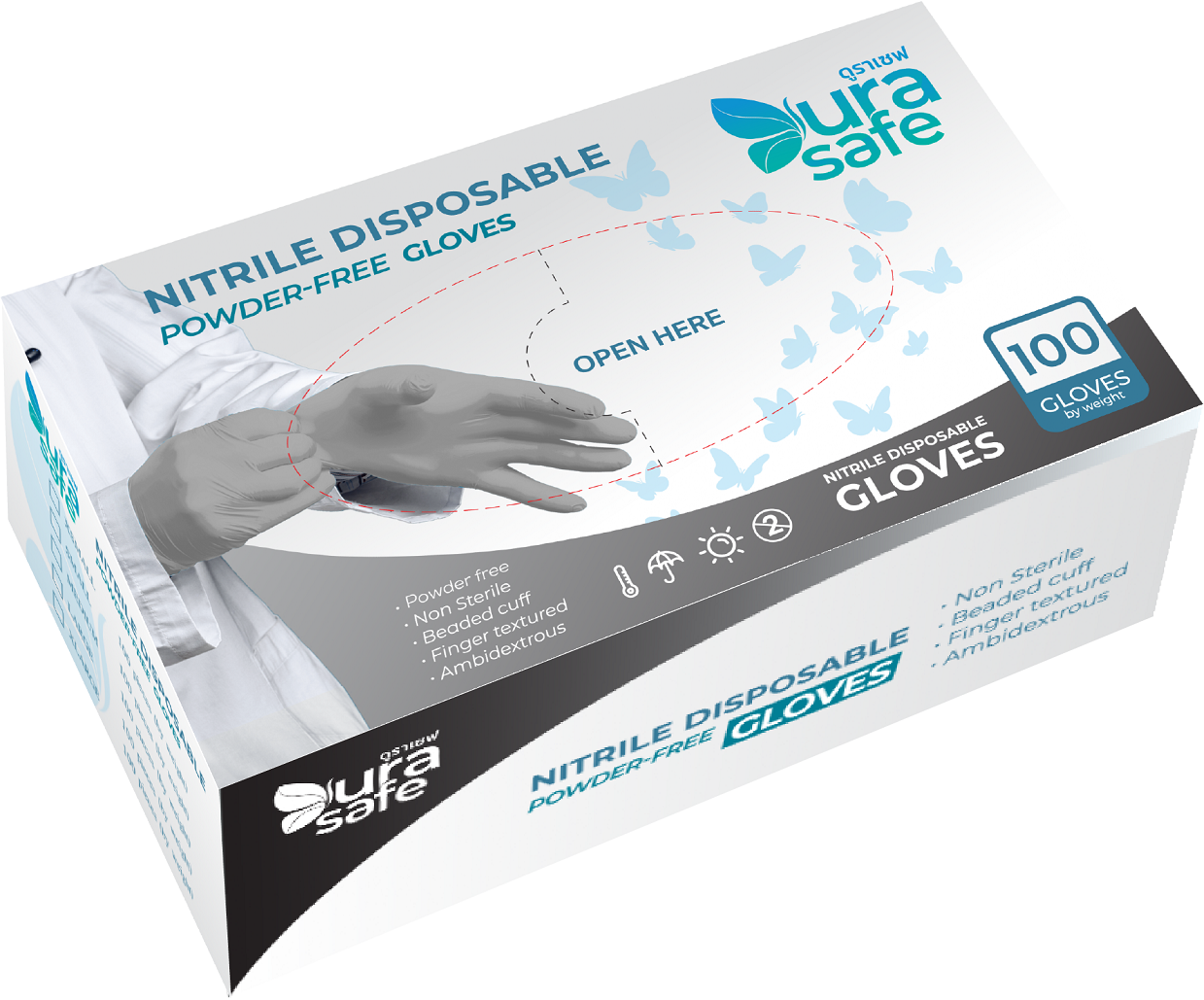 [ยกลัง 10 กล่อง] SIL40 ถุงมือไนไตรซิลเวอร์ ยาว 9.5 นิ้ว หนา 3 มิล หนัก 3.5-4 กรัม (100ชิ้น/กล่อง) แบรนด์ ดูราเซฟ