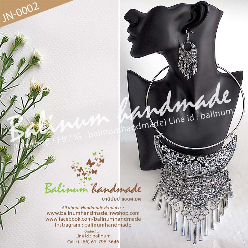 เซตสร้อยคอ+ต่างหูเงินรมดำ สไตล์โบฮีเมียน สวมใส่ง่าย เงิน (Silver)