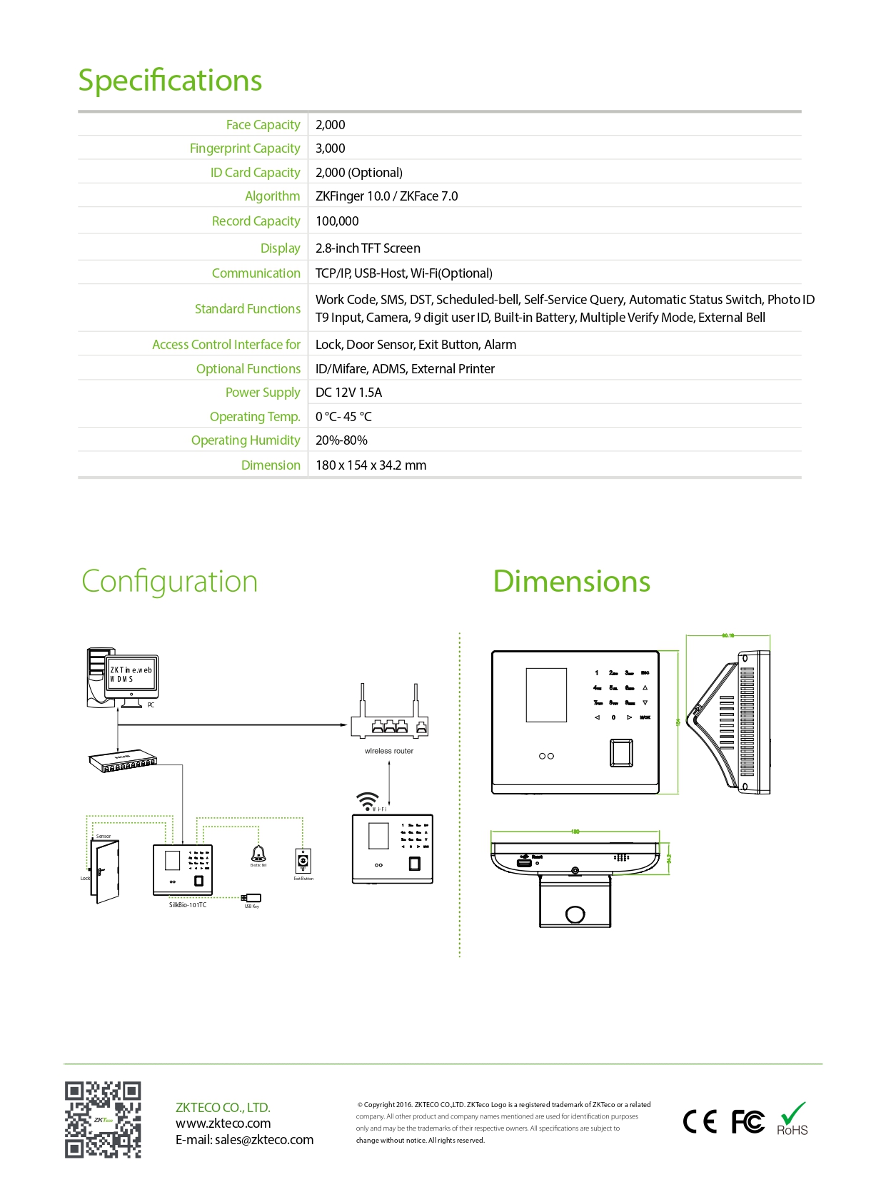 เครื่องสแกนใบหน้า ยี่ห้อ ZKTeco รุ่น SilkBio-101TC รองรับระบบ Access Control