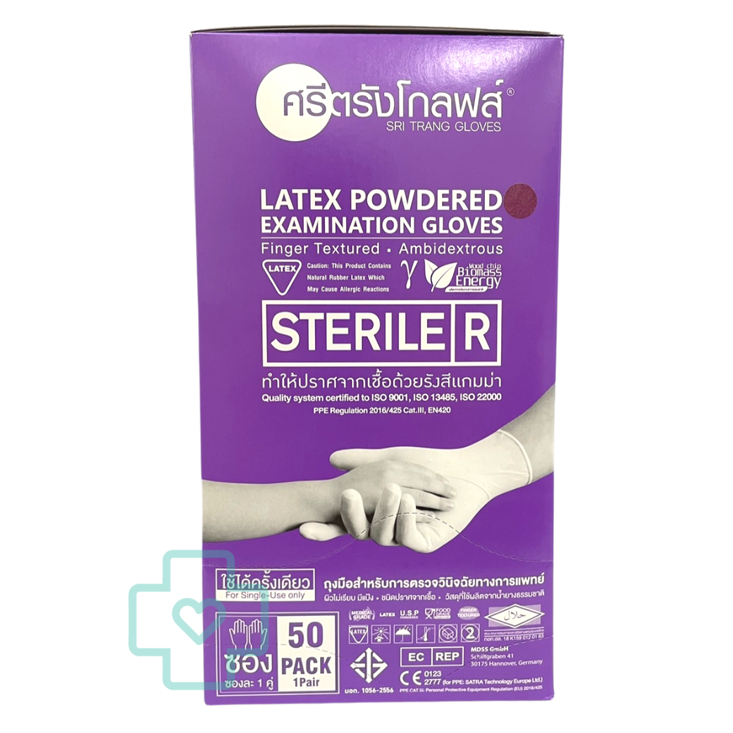 ถุงมือยางศรีตรัง Sterile บรรจุ50คู่ (มีแป้ง) Size "S"