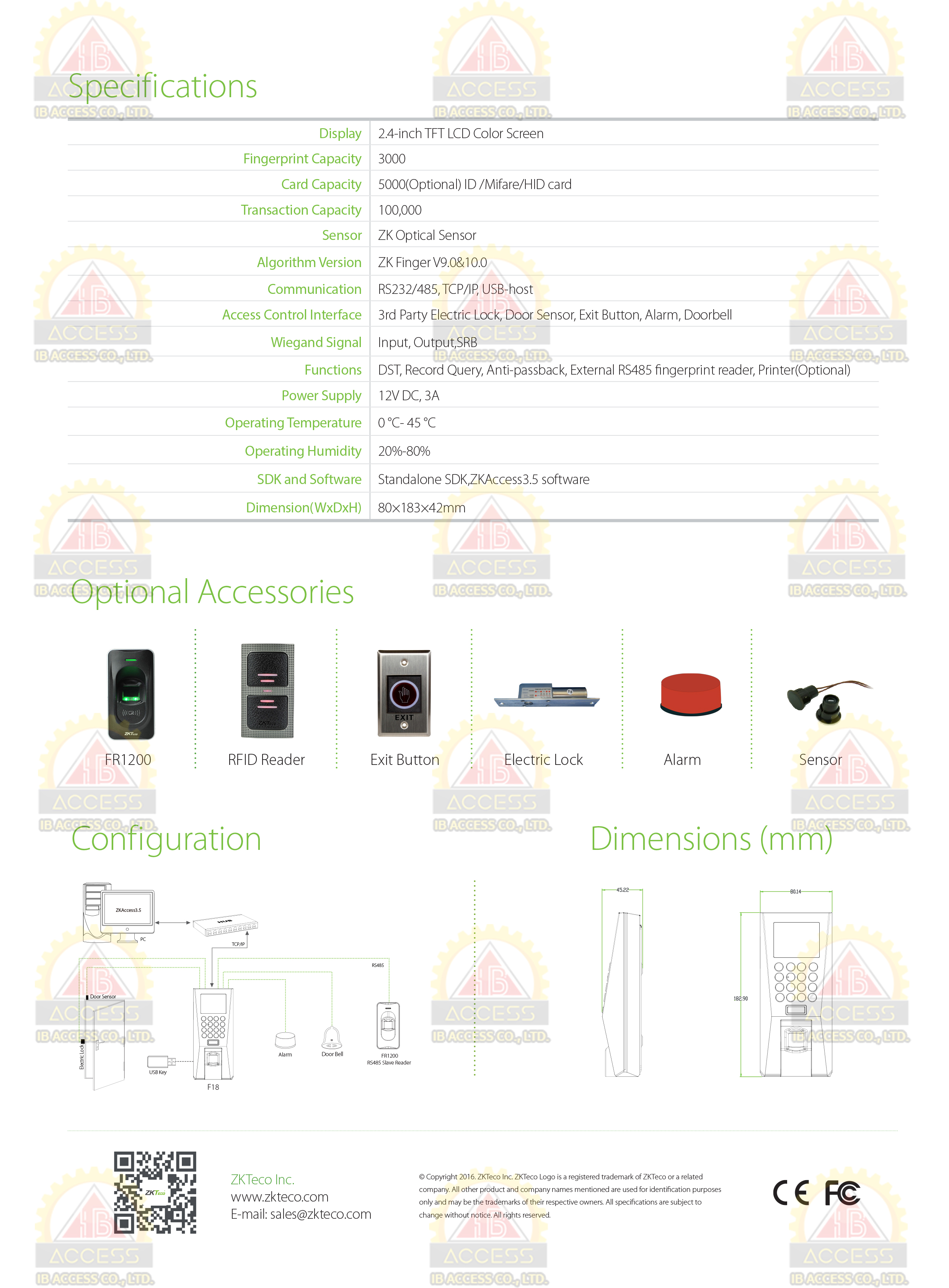 เครื่องสแกนลายนิ้วมือ ยี่ห้อ ZKTeco รุ่น F18 รองรับระบบ Access Control