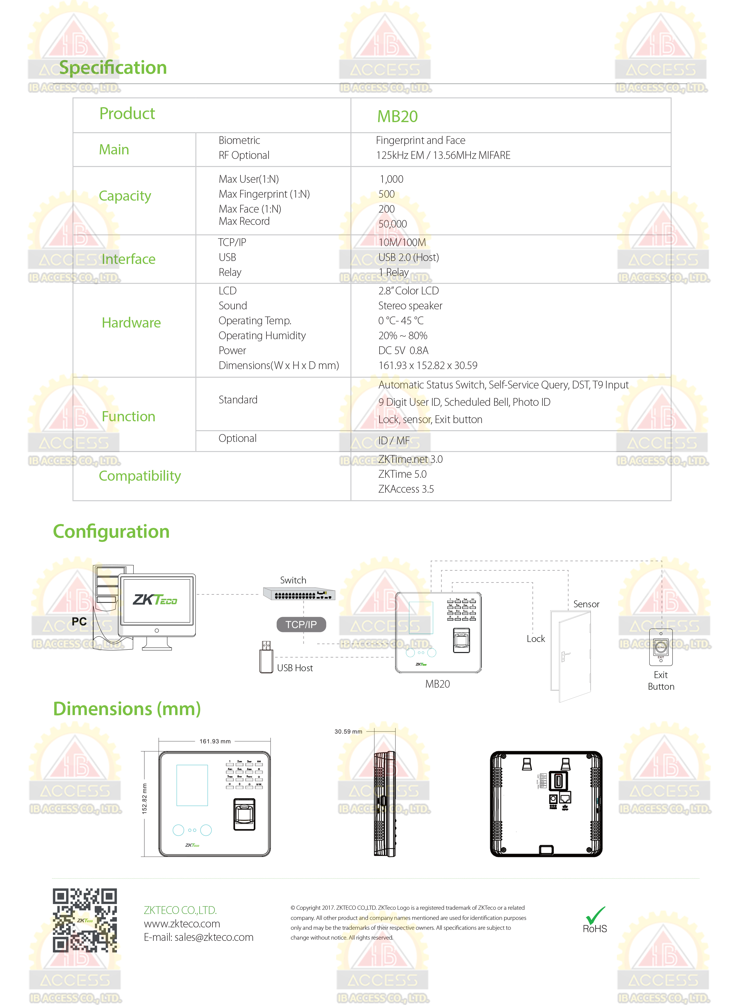 เครื่องสแกนใบหน้า ยี่ห้อ ZKTeco รุ่น MB20 รองรับระบบ Access Control