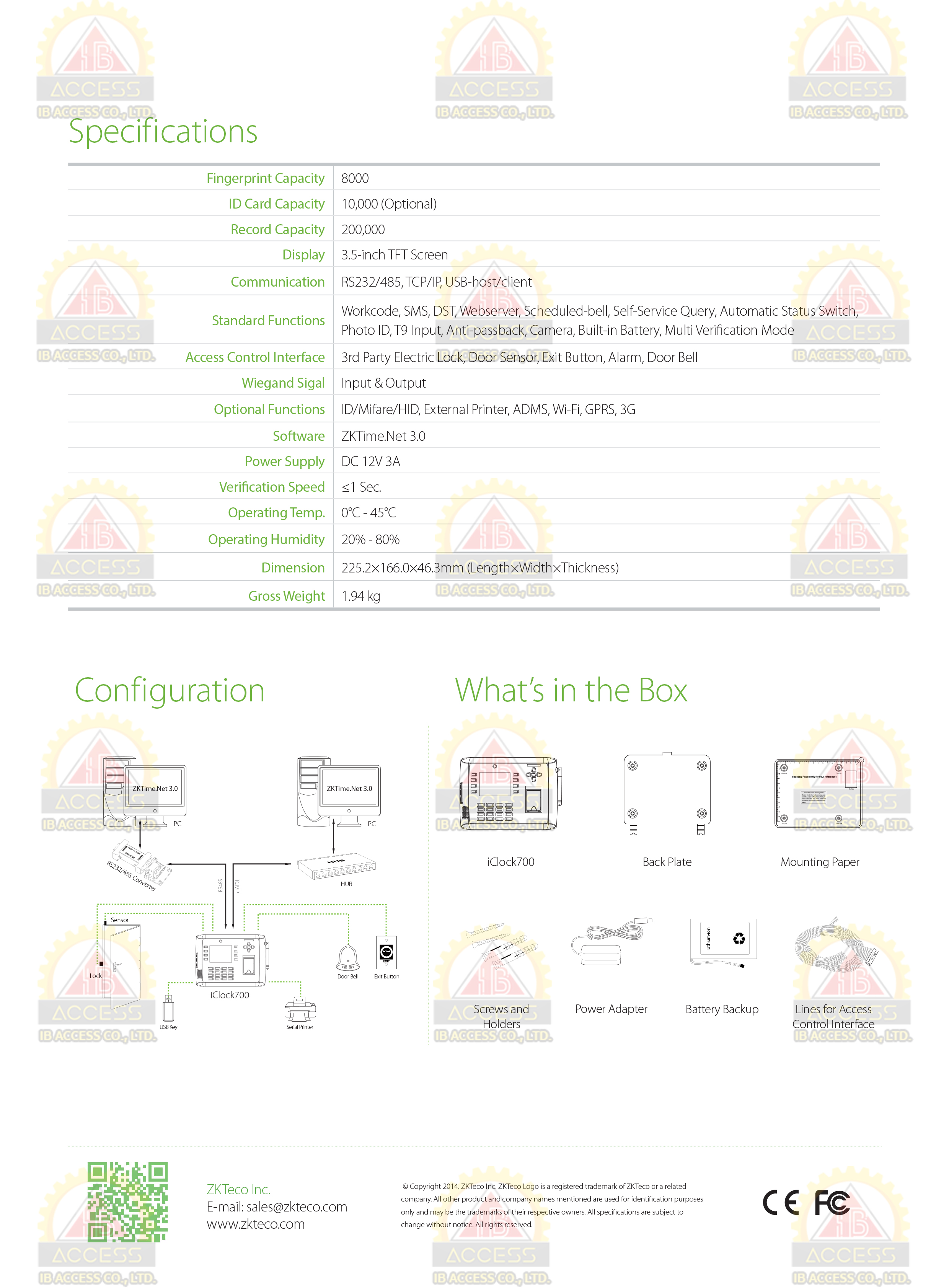 เครื่องสแกนลายนิ้วมือ ยี่ห้อ ZKTeco รุ่น I-Clock700