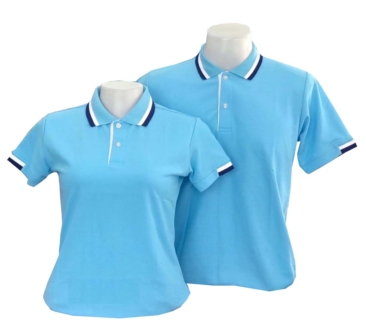 เสื้อโปโลสีฟ้า ปก แขน ทอลายแถบสีน้ำเงินกรมท่า สีขาว