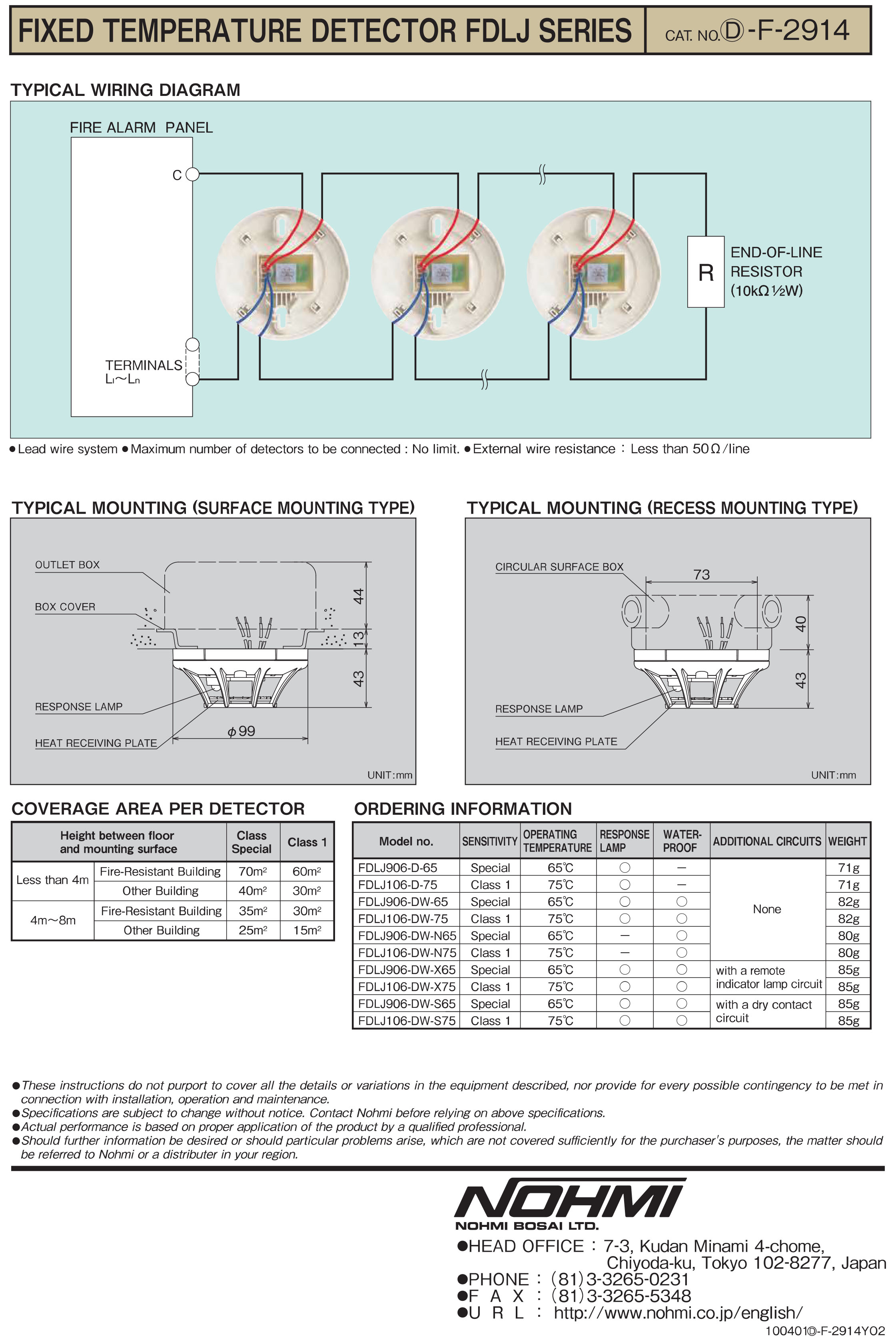 "NOHMI" Model FDLJ906-DW-X65 Fixed Temperature Heat Detector ,Wall Type