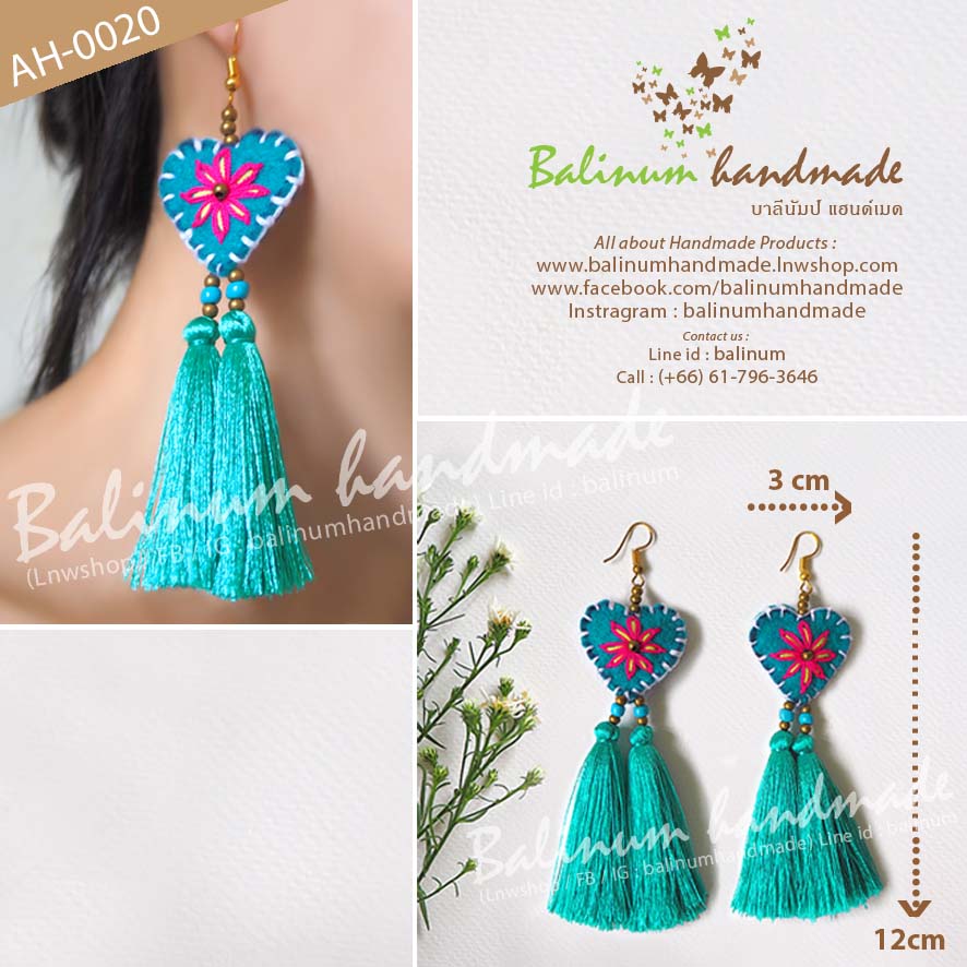 Silk Tassel Dangle Bohemian Handmade Earrings ต่างหูแฮนด์เมด งานปัก+ประดับพู่ไหมญี่ปุ่น สไตล์โบฮีเมียน ฟ้า, เทอร์ควอยซ์ (Blue)