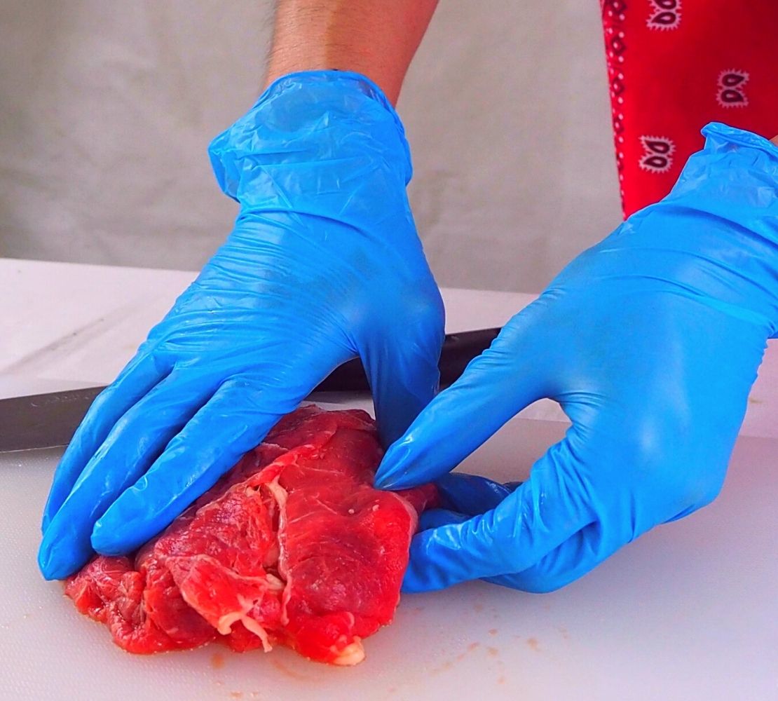 [หน่วยกล่องเล็ก] VBL50 ถุงมือไวนิลผสมไนไตร สีฟ้า ไม่มีแป้ง ยาว 9 นิ้ว หนา 5 มิล หนัก 5 กรัม (100ชิ้น/กล่อง)