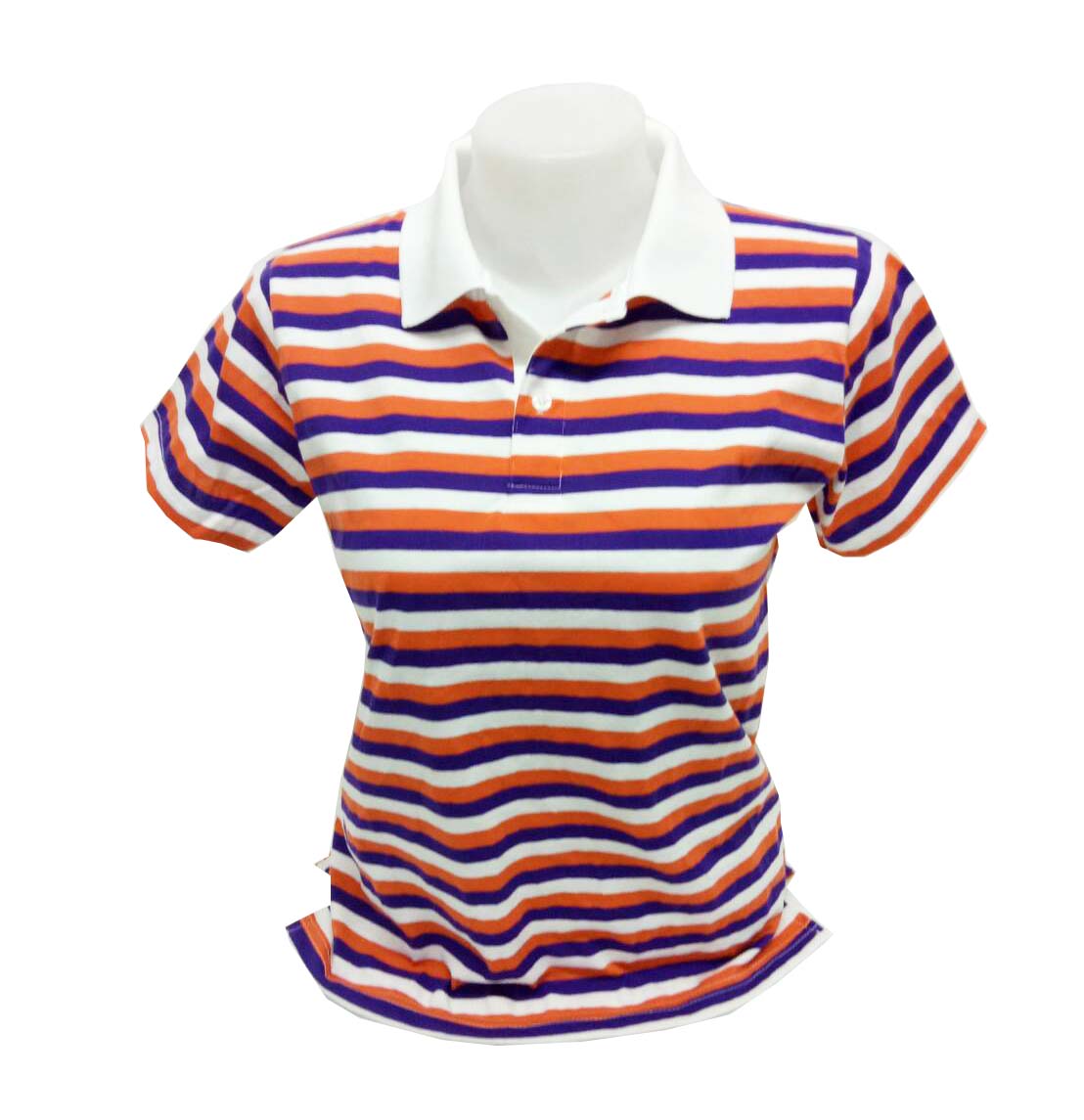 เสื้อโปโลลายทาง เสื้อโปโลลายริ้ว สีม่วง ส้ม ขาว ปกสีขาว