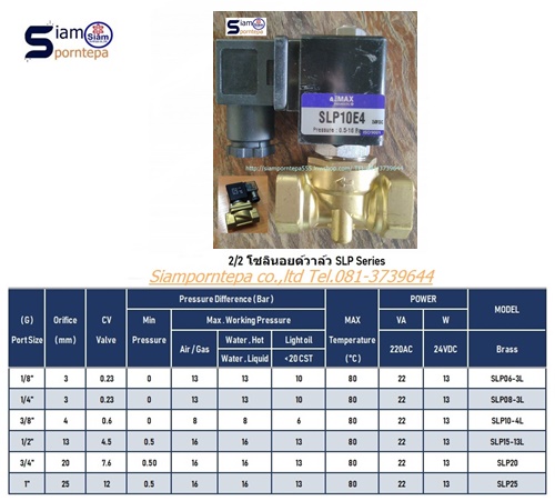 SLP-10-Serie Solenoid valve 2/2 size 3/8" ทองเหลือง แรงดันสูง 16 บาร์ ไฟ 12v 24v 110v 220v ใช้กับ ลม น้ำ น้ำมัน แก๊ส ส่งฟรีทั่วประเทศ
