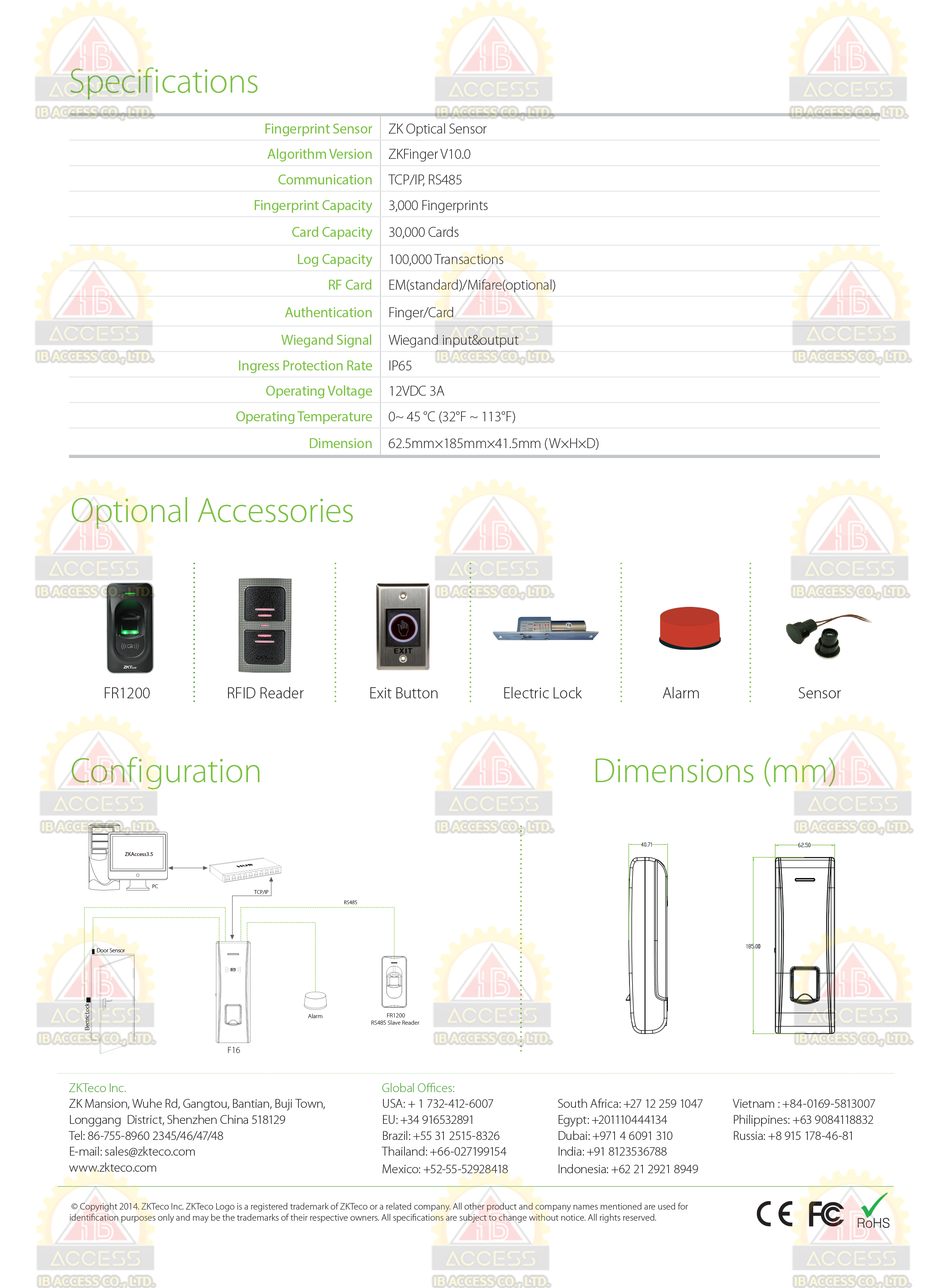 เครื่องสแกนลายนิ้วมือ ยี่ห้อ ZKTeco รุ่น F16 รองรับระบบ Access Control