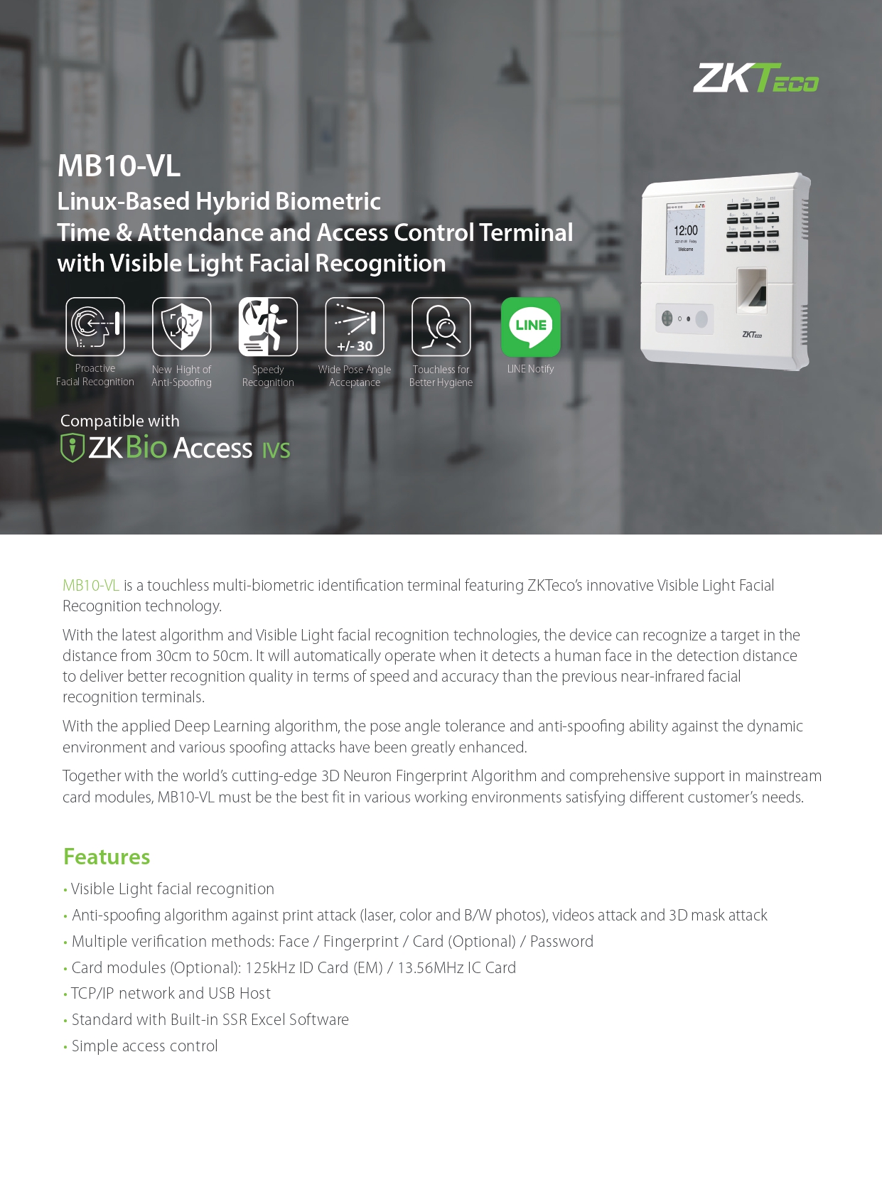 เครื่องสแกนใบหน้า ยี่ห้อ ZKTeco รุ่น MB10-VL (ID) รองรับระบบ Access Control