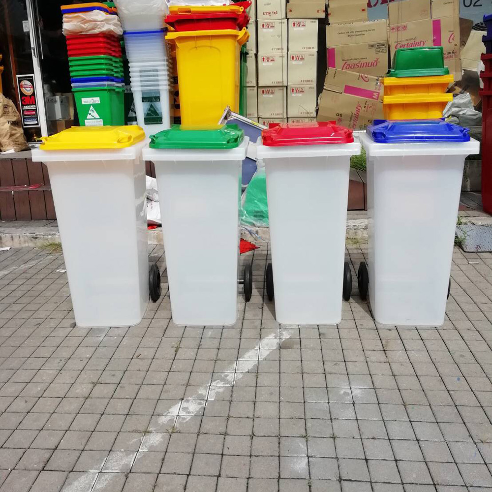 ถังขยะเทศบาล ใส ฝาเรียบ (ฝาสี) )พร้อมล้อเข็น 120 ลิตร