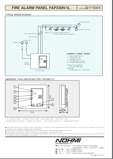 "NOHMI" Model FAP 230N-1L Fire Alarm Control Panel ,Wall Type