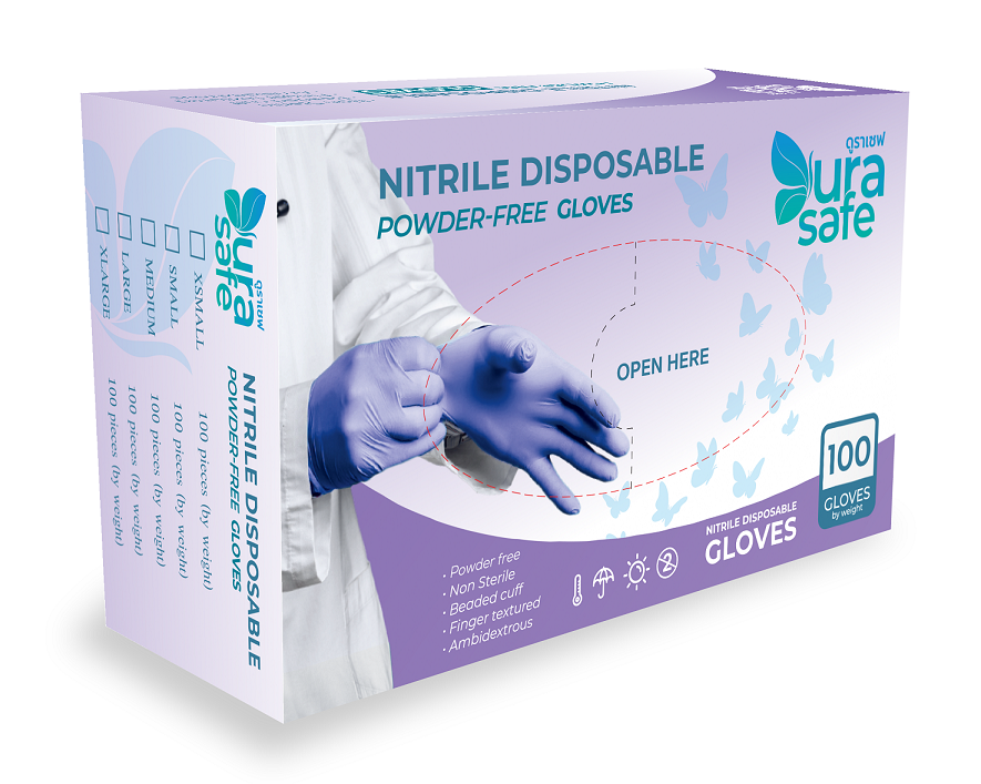 [ยกลัง 10กล่อง] CBB35 ถุงมือไนไตร สีฟ้าคราม ไม่มีแป้ง บางกระชับ ยาว 9นิ้ว หนัก 3.5กรัม (100ชิ้น/กล่อง) แบรนด์ ดูราเซฟ