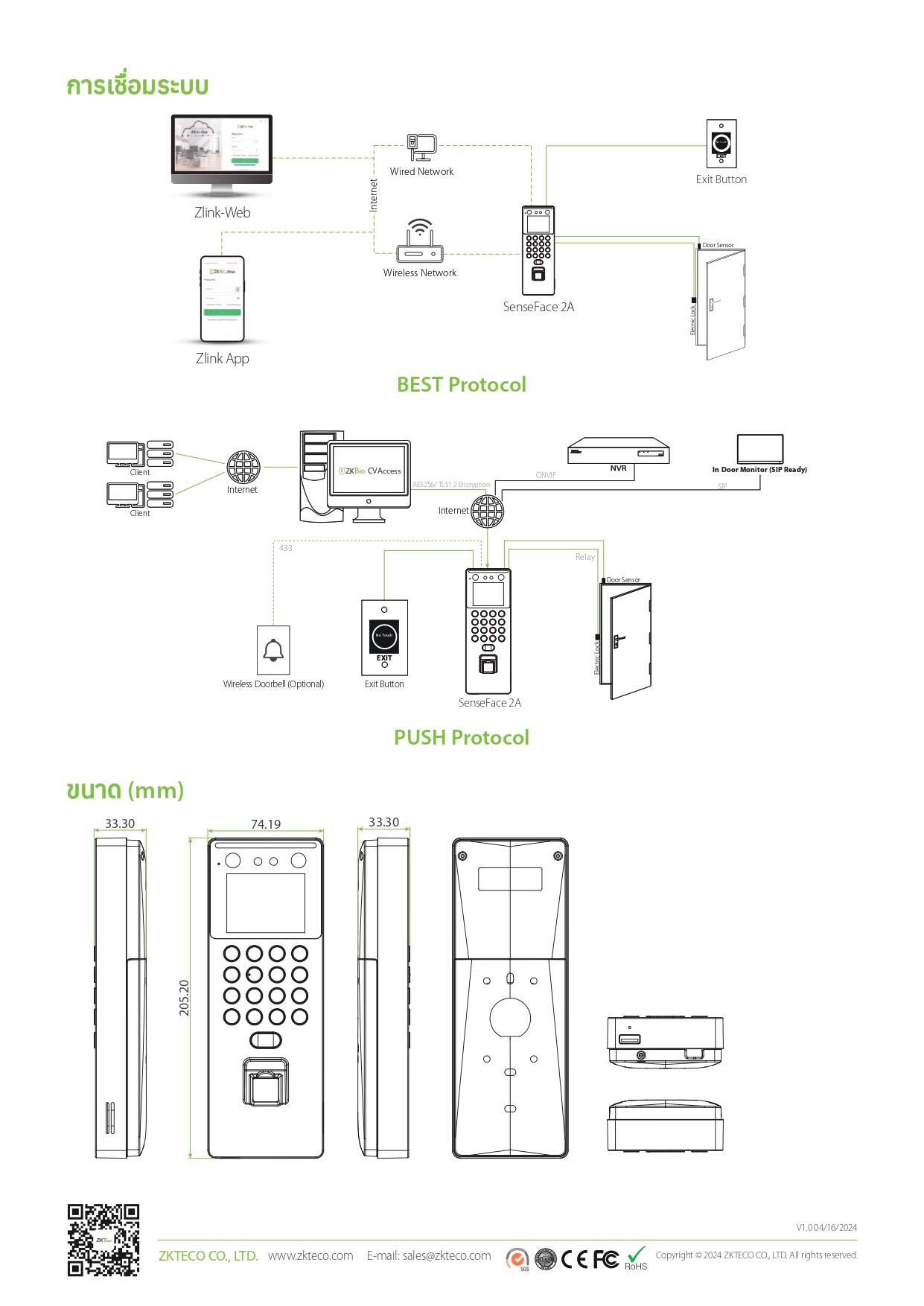 เครื่องสแกนใบหน้า ยี่ห้อ ZKTeco รุ่น SenseFace 2A รองรับระบบ Access Control