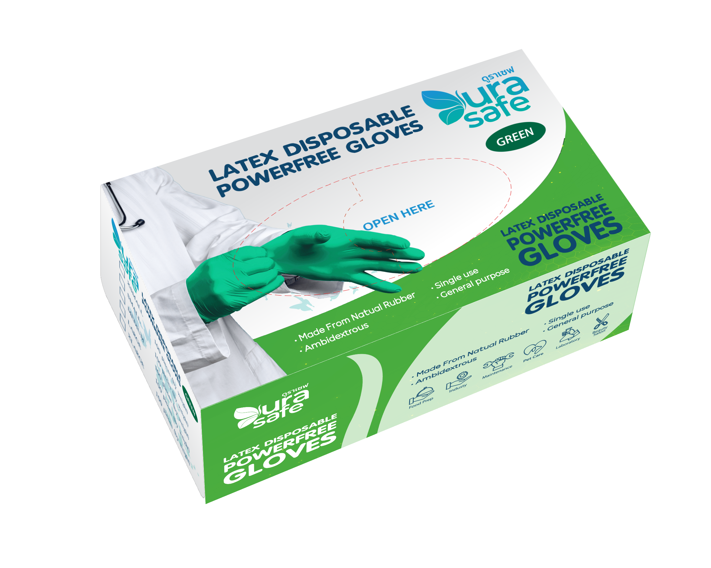 [ยกลัง 10 กล่อง] GRN60 ถุงมือยางธรรมชาติ สีเขียว ไม่มีแป้ง ยาว 9 นิ้ว หนา 5 มิล หนัก 6 กรัม (100ชิ้น/กล่อง) แบรนด์ ดูราเซฟ