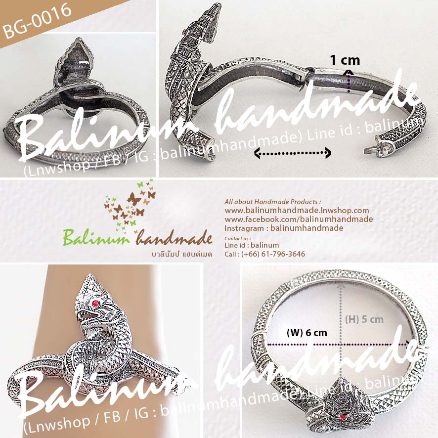 กำไลเงินรูปพญานาค ประดับเพชร งานแฮนด์เมด สวมใส่ง่าย เพราะเป็นแบบง้าง เงิน (Silver)