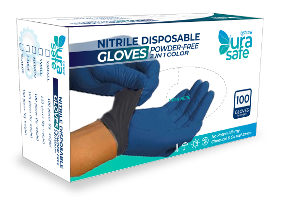 [ยกลัง 10กล่อง] OCB52 ถุงมือไนไตร สีทูโทน สีกรมท่า/ดำ ไม่มีแป้ง บางกระชับ ยาว 9นิ้ว หนัก 5 กรัม (100ชิ้น/กล่อง)