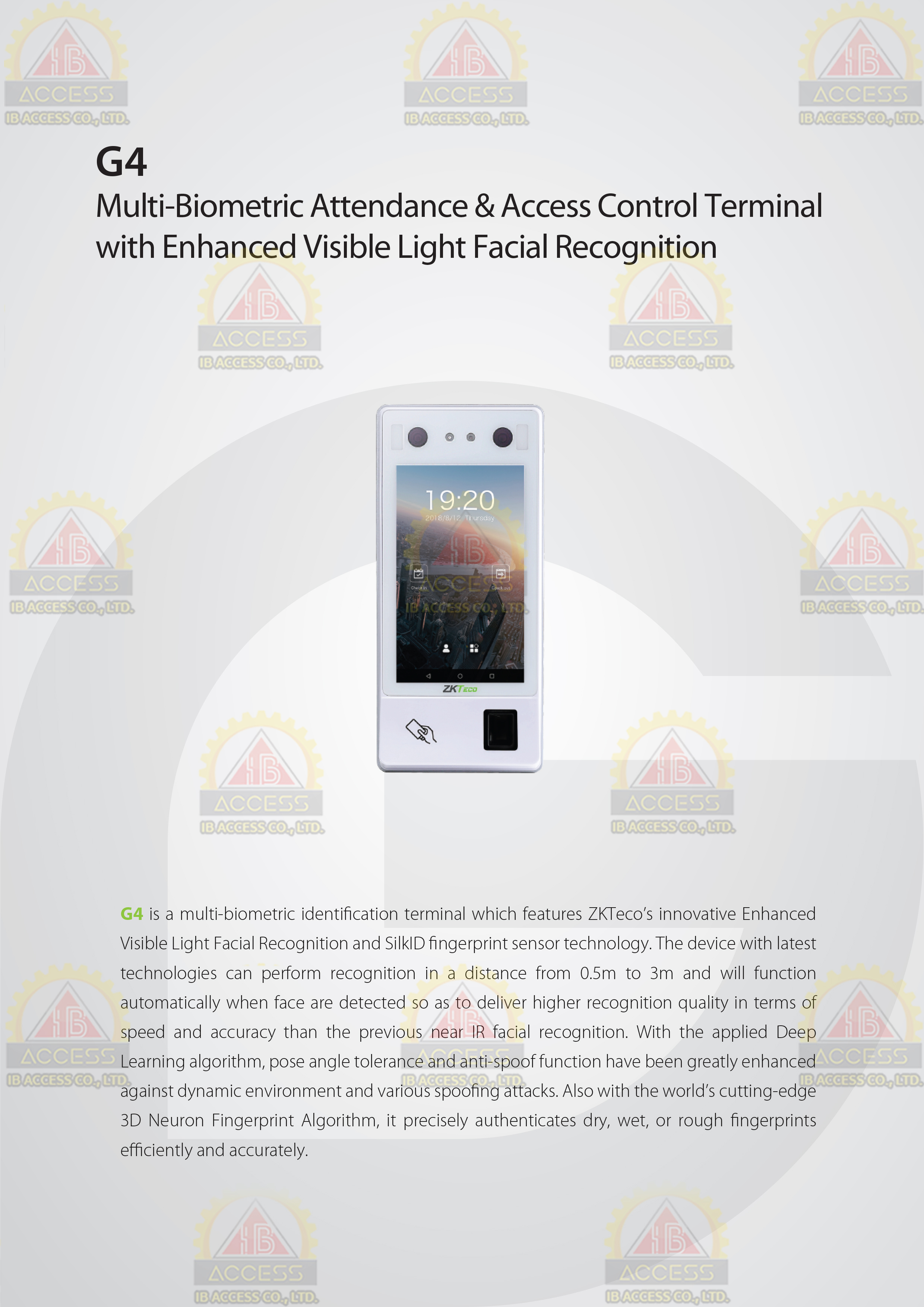 เครื่องสแกนใบหน้า ยี่ห้อ ZKTeco รุ่น G4 รองรับระบบ Access Control