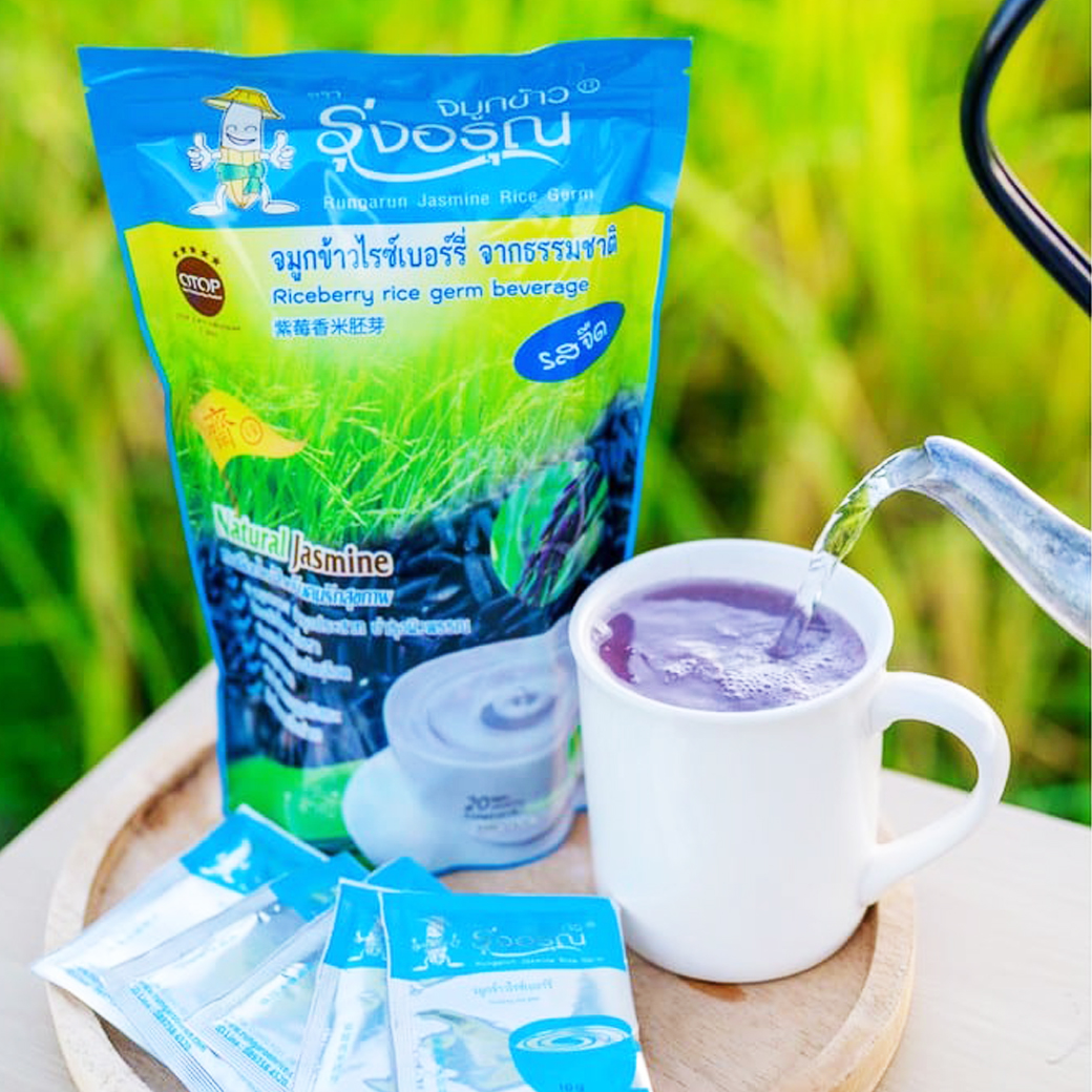705 รุ่งอรุณ จมูกข้าวไรซ์เบอร์รี่ รสจืด ซองฟ้า 200g. Rungarun Riceberry Rice Germ Beverage เจ