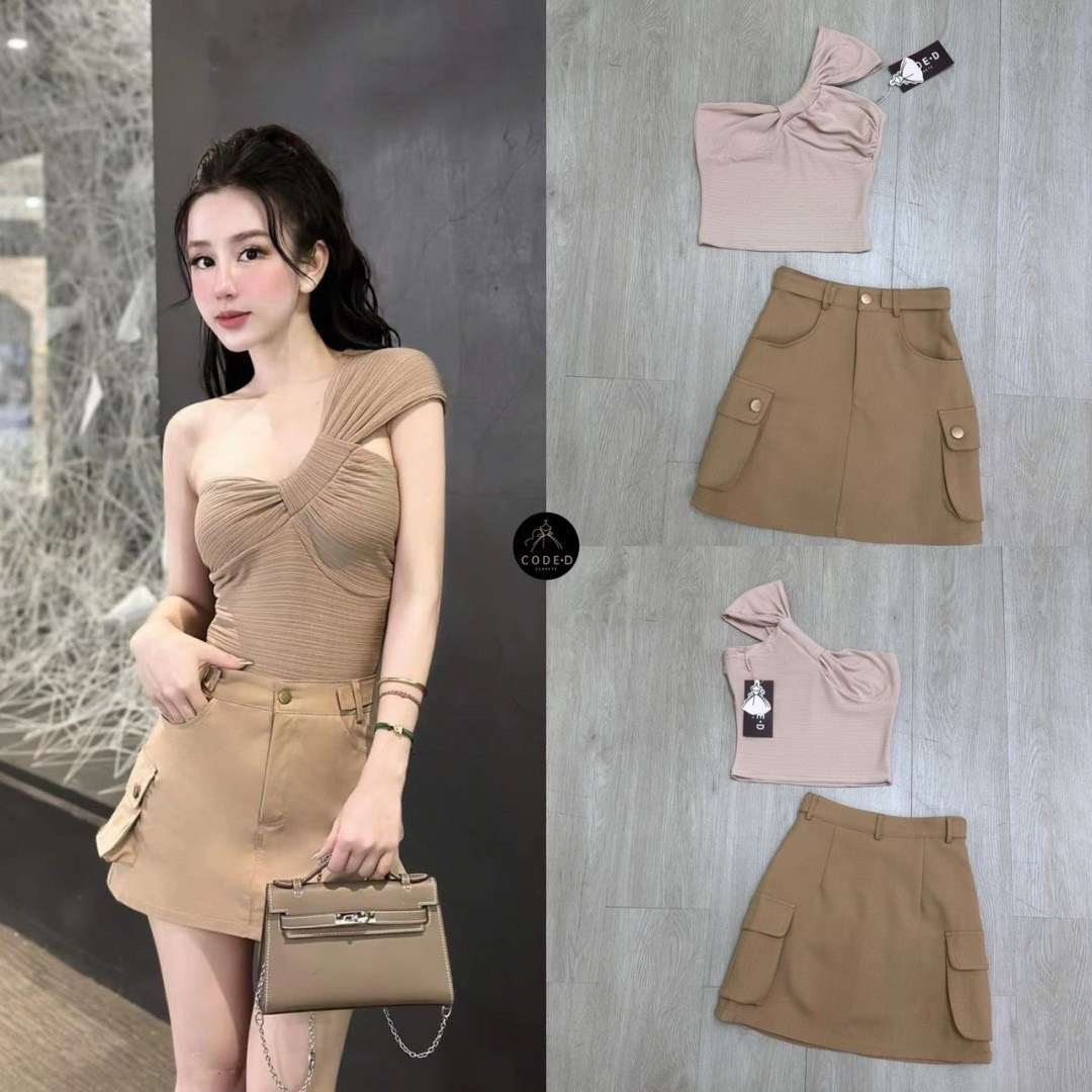 (ป้าย CODE-D) Set 2 ชิ้น เสื้อผ้าร่องนิ่มมีเทกเจอร์ดีไซน์ไหล่เดียว