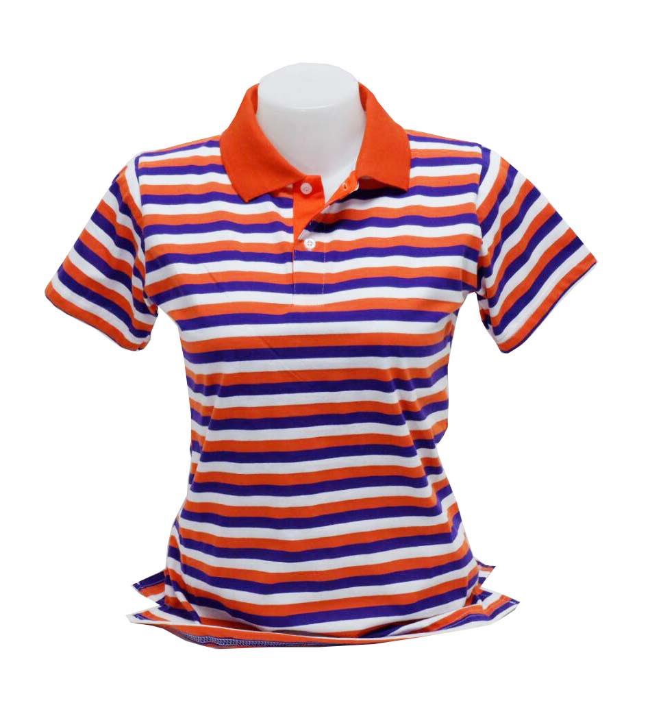 เสื้อโปโลลายทาง เสื้อโปโลลายริ้ว สีม่วง ส้ม ขาว ปกสีส้ม