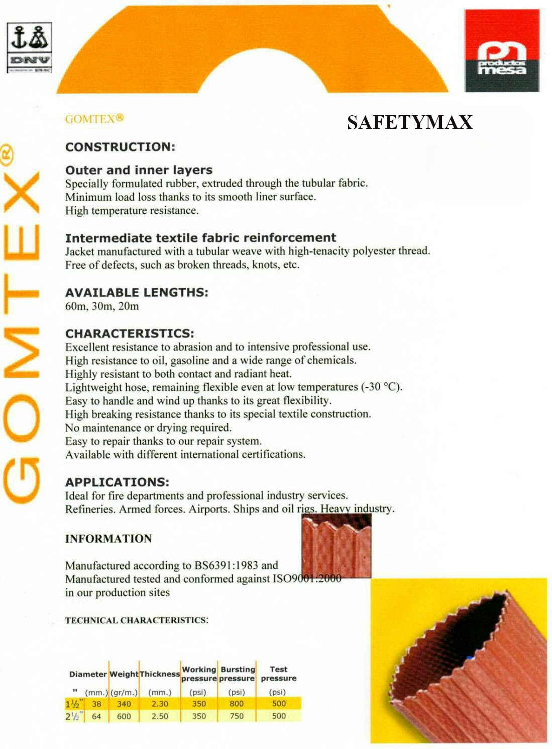 สายส่งน้ำดับเพลิงชนิด PVC ยางสงเคราะห์ 3 ฃั้น ยี่ห้อ GOMTEX