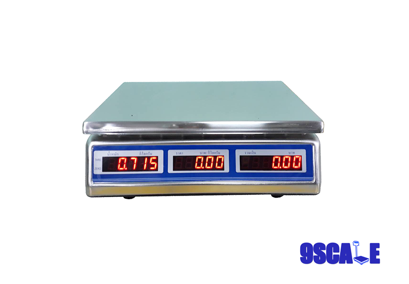 เครื่องชั่งคำนวณราคา รุ่น M-18E (LED) พิกัด 30 กิโลกรัม อ่านละเอียด 0.005 กิโลกรัม จานชั่งและตัวเครื่องทำจากสแตนเลส